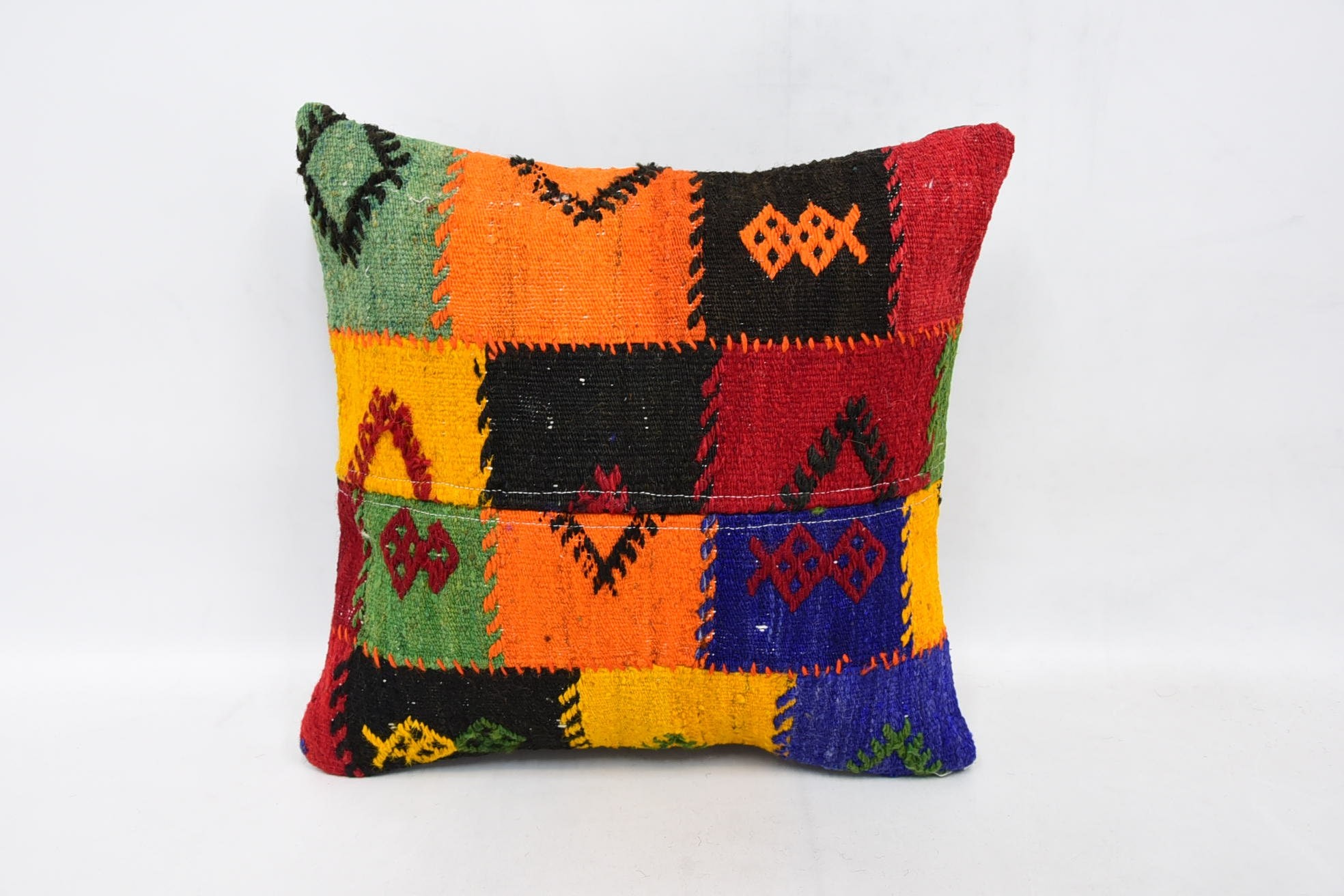 Turkish Corner Pillow Cover, Antique Pillows, Throw Kilim Pillow, 16"x16" Orange Pillow Case, Turkish Kilim Pillow