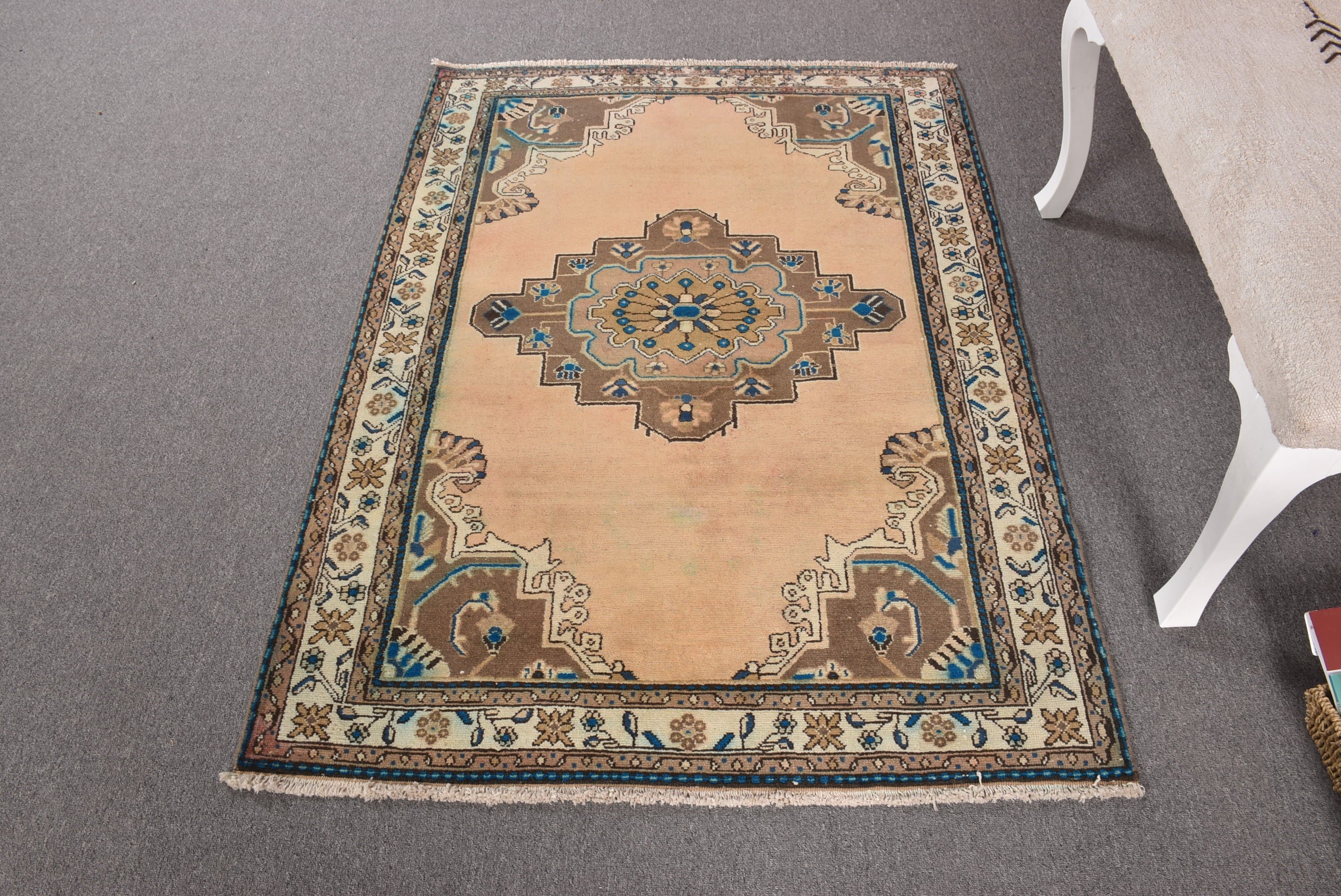 El Dokuma Halı, Vintage Halılar, Bej Antika Halı, Dekoratif Halılar, 3.4x4.9 ft Vurgulu Halı, Çocuk Halıları, Geometrik Halılar, Türk Halıları