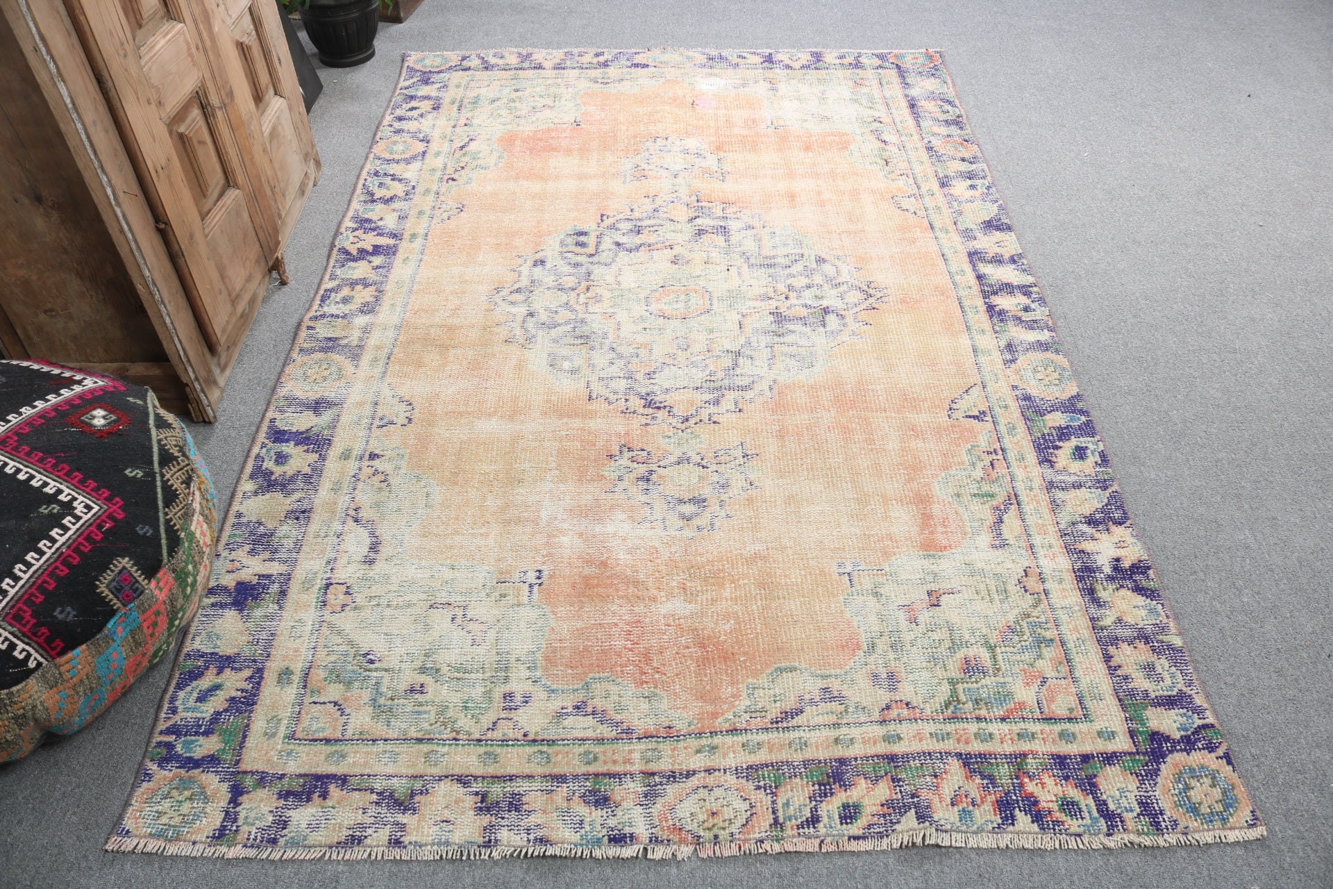 Vintage Halı, Antika Halılar, 4,8x7,4 ft Alan Halıları, Yatak Odası Halısı, Türkiye Halısı, Turuncu El Dokuma Halısı, Oushak Bölge Halısı, Türk Halısı, Nötr Halılar