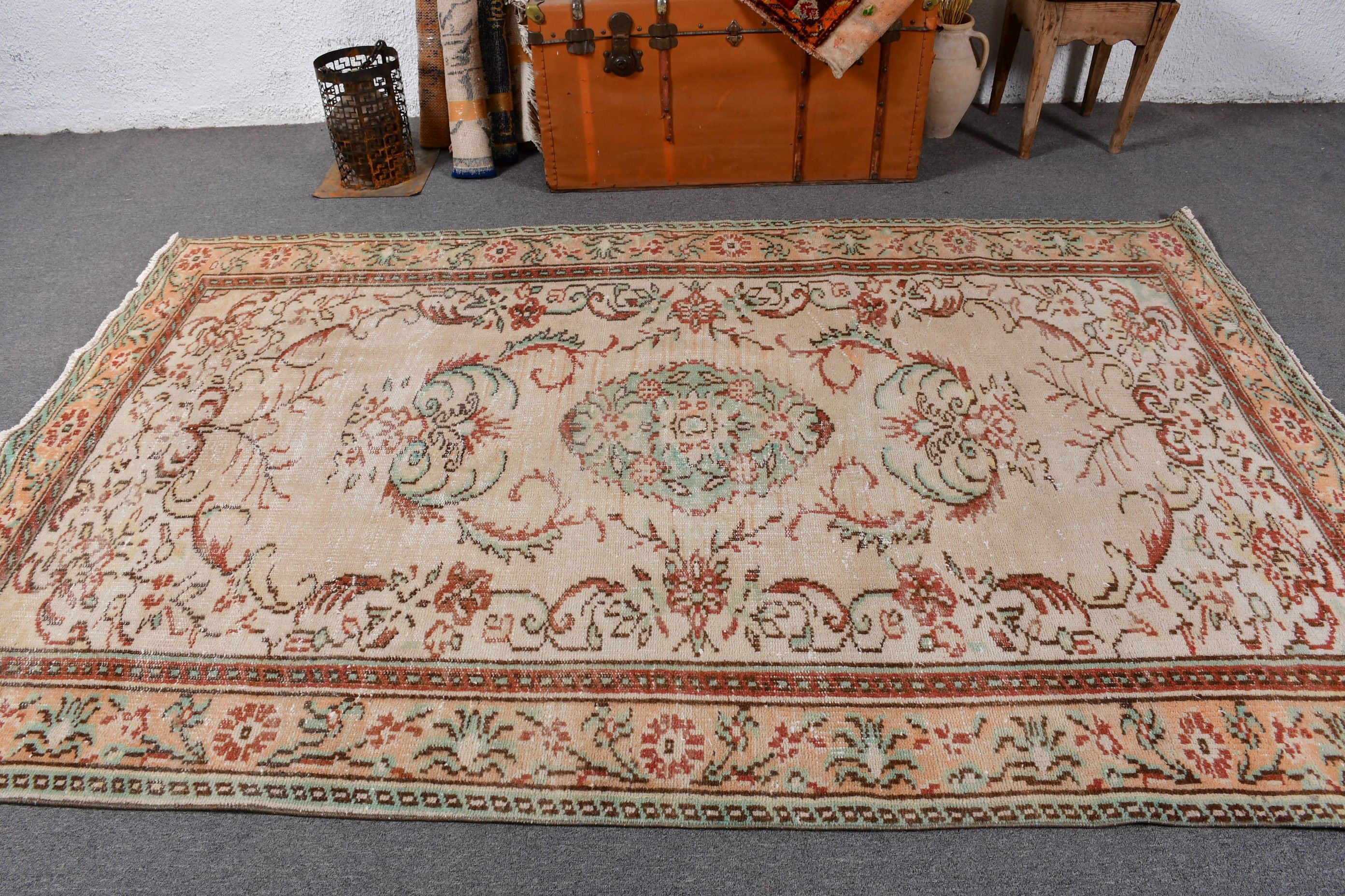 Bej Yatak Odası Halısı, Nötr Halılar, Vintage Halılar, Büyük Oushak Halısı, Türk Halıları, 5.4x8.5 ft Büyük Halılar, Aztek Halısı, Geometrik Halılar, Salon Halıları