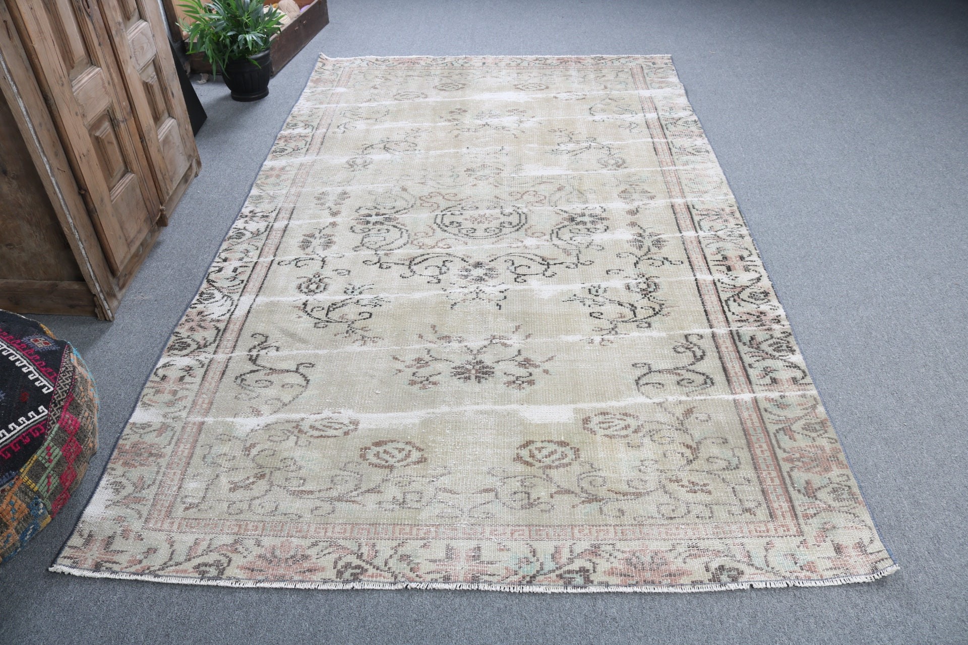 Fas Halısı, Türk Halıları, 5.3x8.7 ft Büyük Halılar, Büyük Vintage Halılar, Vintage Halı, Yeşil Açıklama Halısı, Yemek Odası Halısı