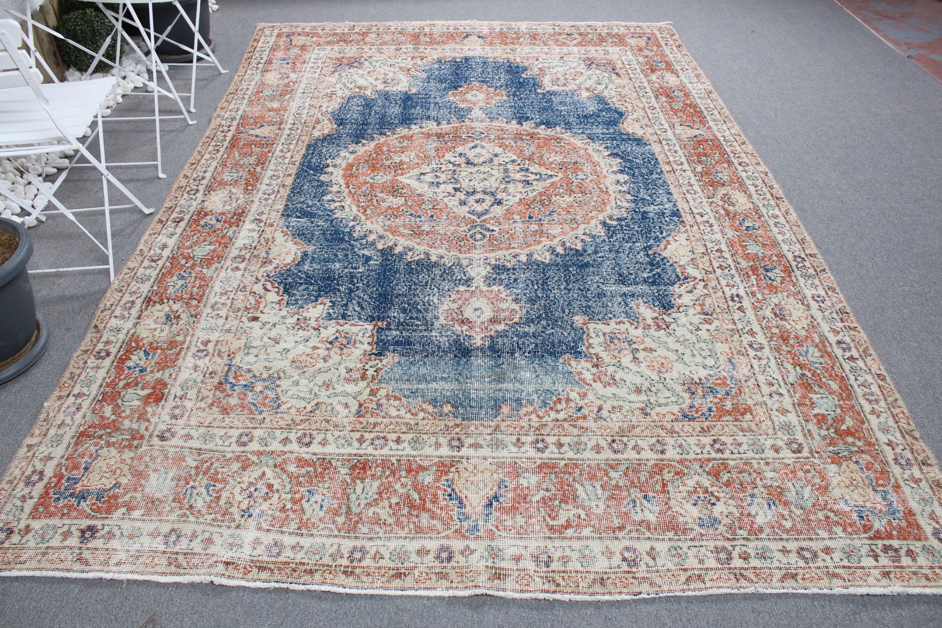 Yatak Odası Halısı, Türk Halısı, Sevimli Halı, Vintage Halılar, Yemek Odası Halıları, Oturma Odası Halıları, 7x10.5 ft Büyük Boy Halı, Mavi Oushak Halı, Antika Halı