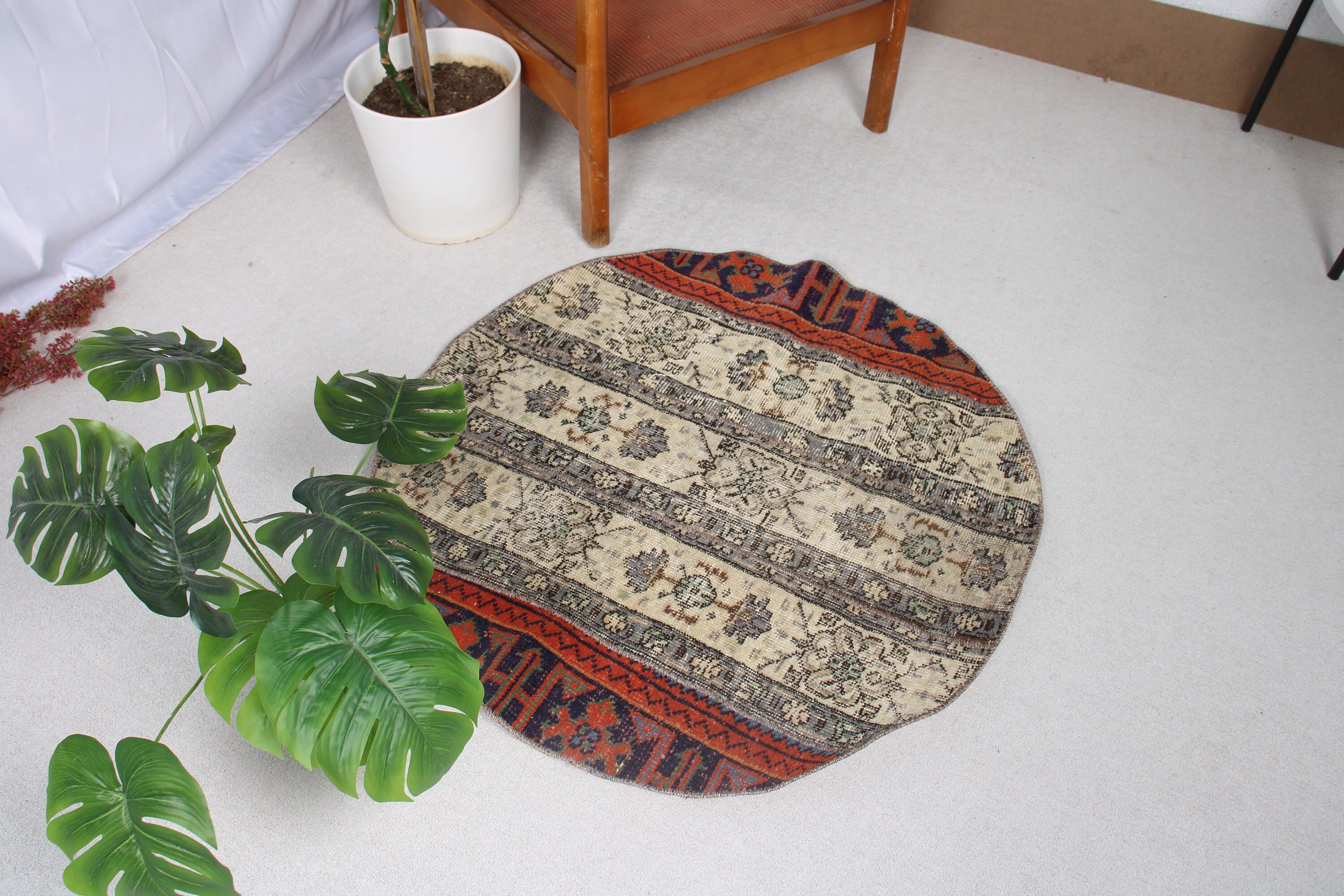 Banyo Halıları, Açıklama Halıları, Vintage Dekor Halılar, Vintage Halı, Bej Yün Halılar, 3x3 ft Küçük Halılar, Küçük Boho Halı, Türk Halıları, Yer Halıları