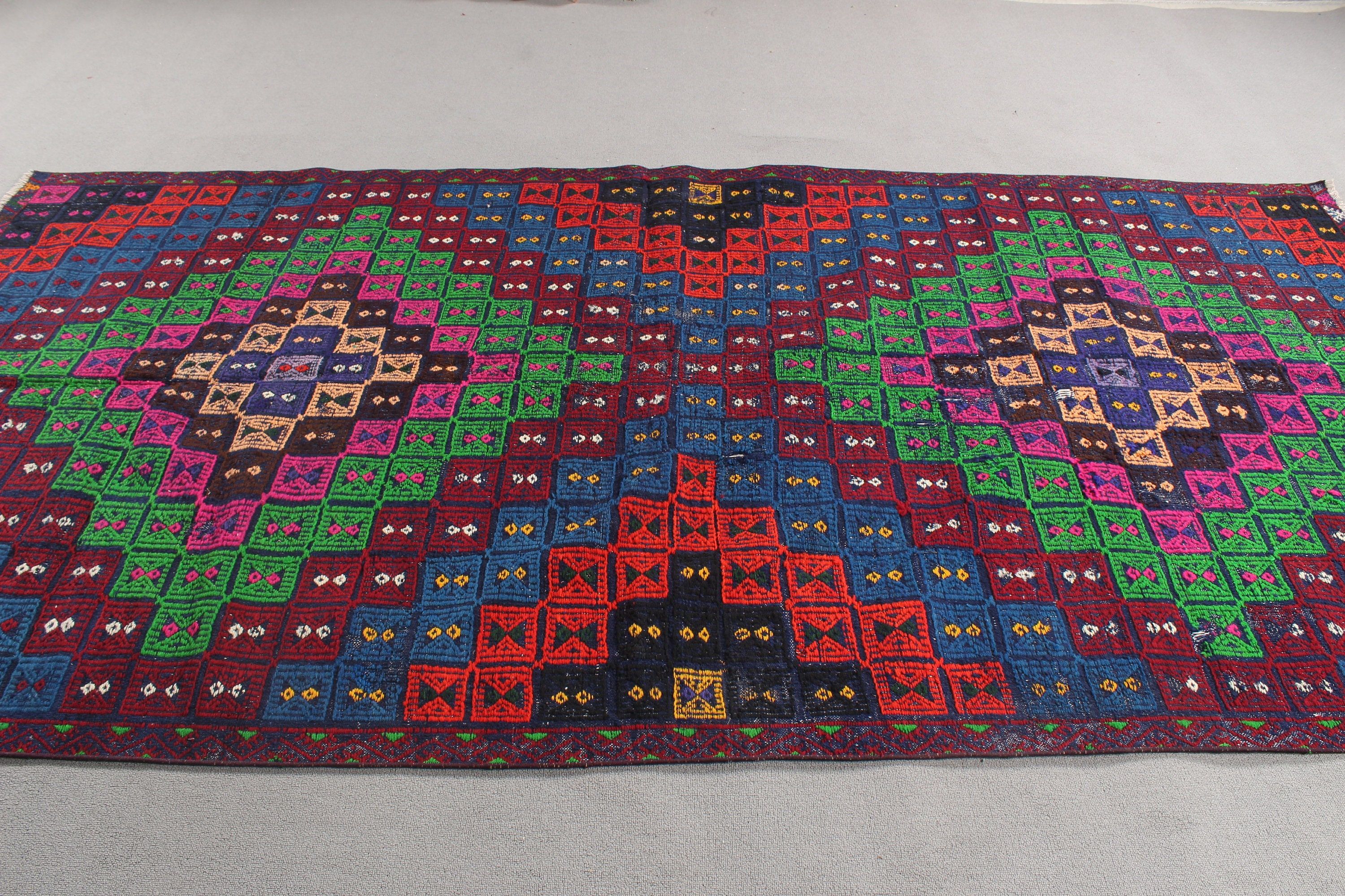 Yer Halıları, Gökkuşağı Anadolu Halıları, Türk Halıları, Kilim, Vintage Halı, Geometrik Halılar, Büyük Oushak Halı, 5.1x10 ft Büyük Halılar, Boho Halı