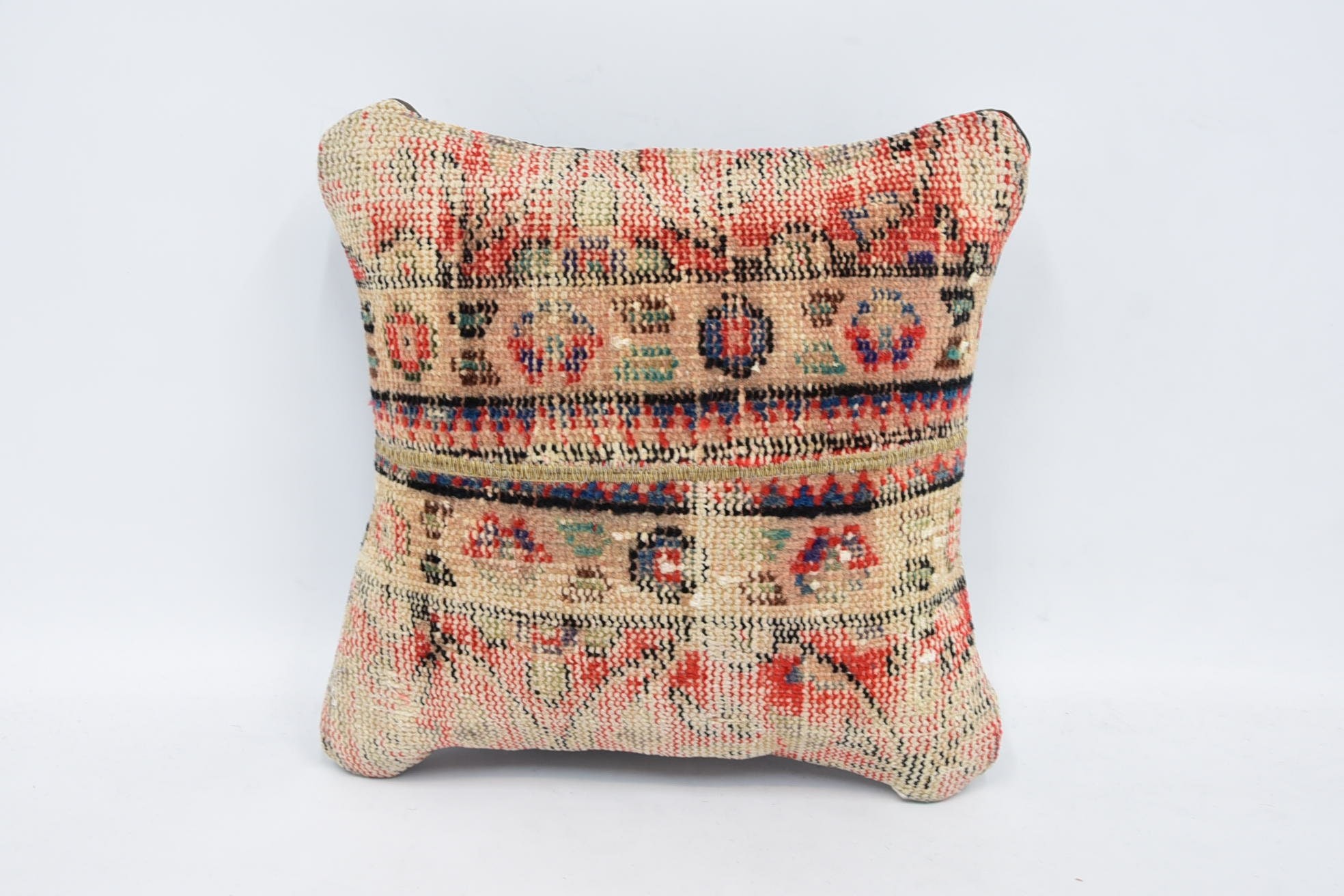 Turkish Kilim Pillow, Kilim Cushion Sham, Outdoor Patio Pillow Case, Antique Pillows, Aesthetic Pillow Cover, 16"x16" Beige Pillow Cover