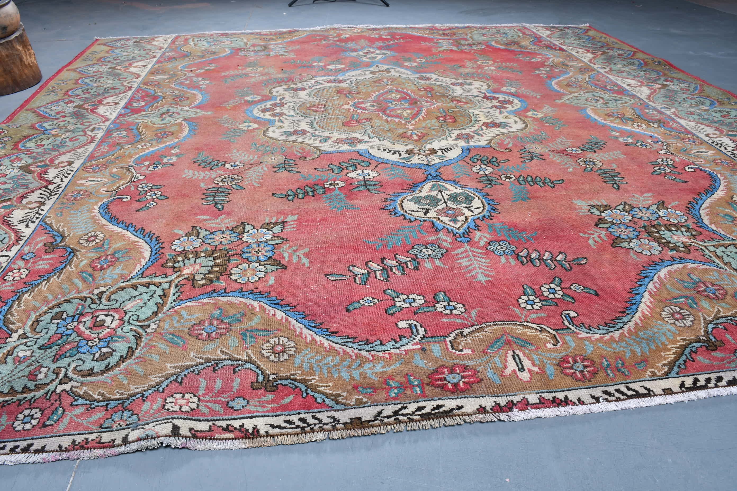 Antika Halılar, Soluk Halı, Fas Halıları, Kırmızı Oushak Halısı, Vintage Halılar, 9.9x9.9 ft Büyük Boy Halı, Yemek Odası Halısı, Türk Halısı, Oturma Odası Halısı