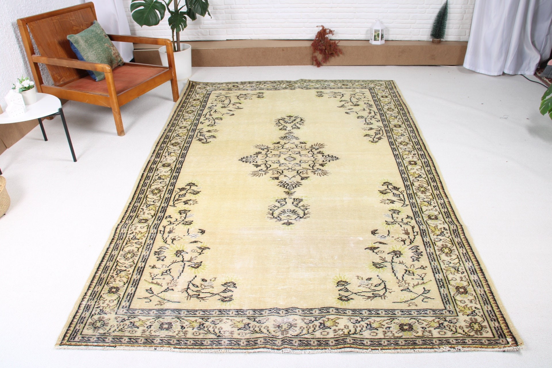 Havalı Halılar, Türk Halısı, Vintage Halı, Salon Halıları, 5,5x8,8 ft Büyük Halılar, Sarı Nötr Halılar, Büyük Boho Halısı, Türkiye Halıları