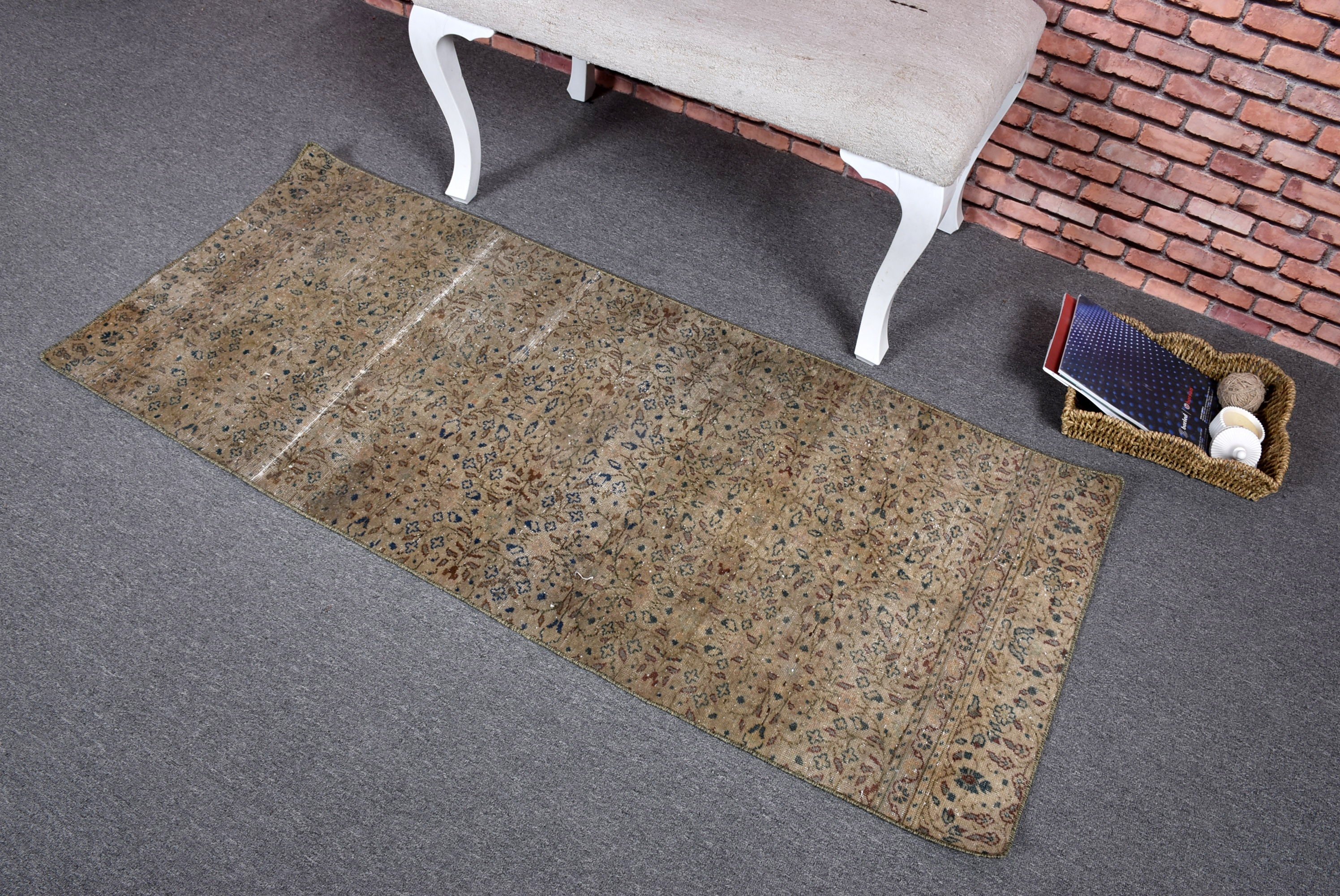 Vintage Halılar, Yün Halı, Türk Halıları, Kapı Paspası Halıları, Araba Paspas Halıları, 2.2x5.2 ft Küçük Halı, Yeşil Boho Halılar, Boho Halı, Kapı Paspas Halıları