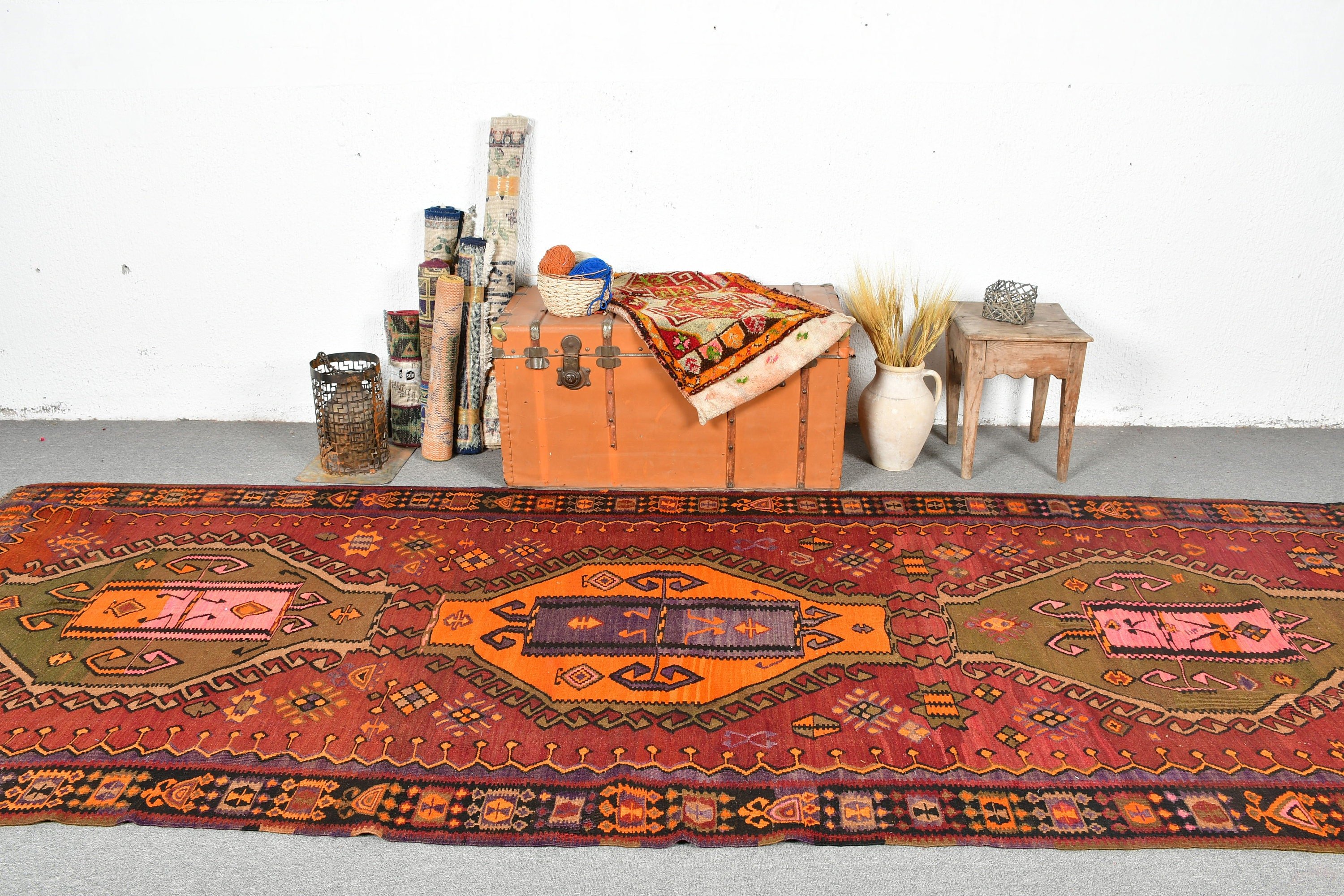 Runner Halıları, Aztek Halısı, Merdiven Halısı, Türk Halıları, Mutfak Halısı, Vintage Halı, 4.7x12.9 ft Runner Halısı, Antika Halılar, Kırmızı Oushak Halıları, Kilim