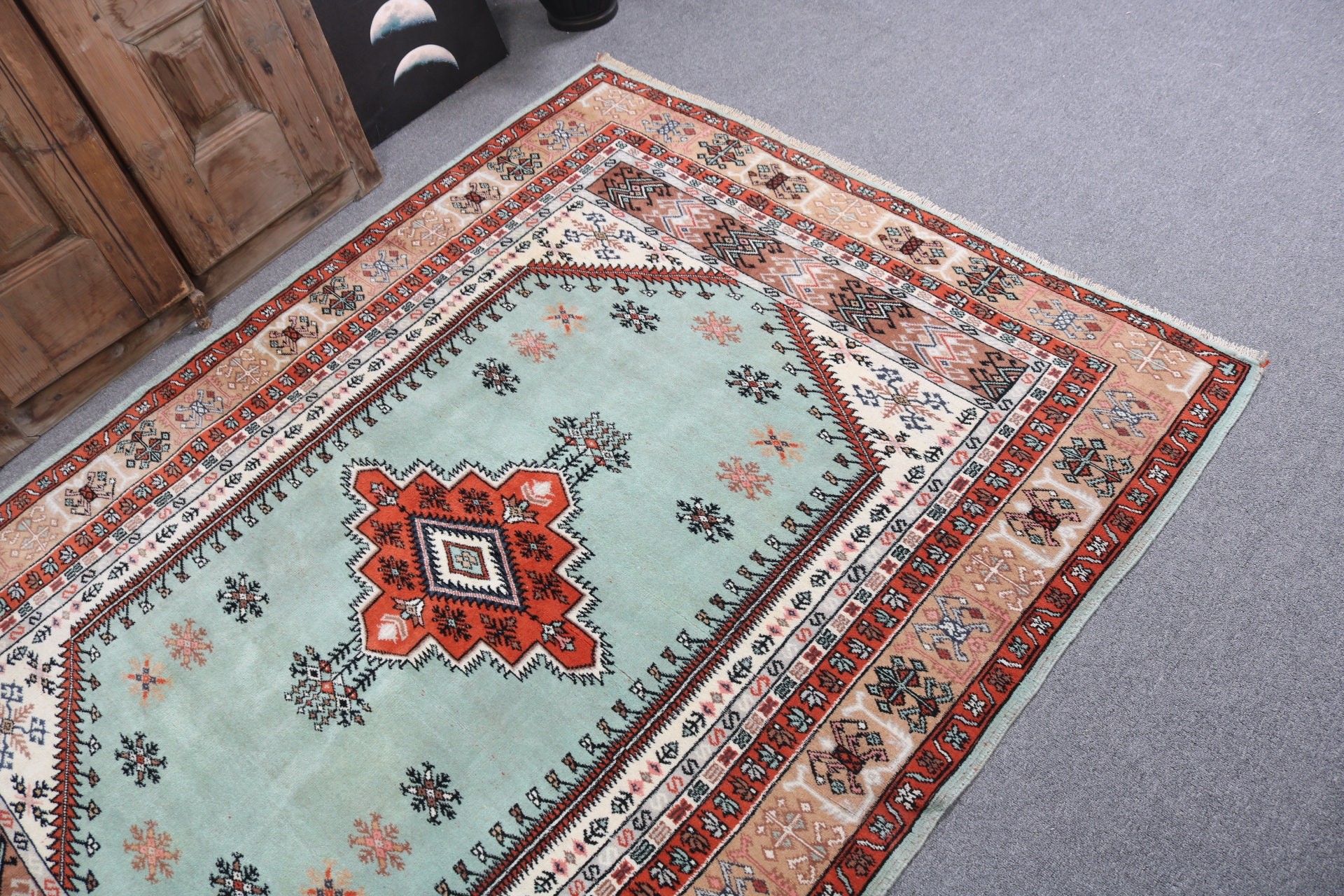 Antika Halı, Vintage Halı, Ev Dekorasyonu Halıları, Yeşil Ev Dekorasyonu Halıları, Yer Halıları, 4.6x6.3 ft Alan Halıları, Boho Halısı, Türk Halısı, Oturma Odası Halısı