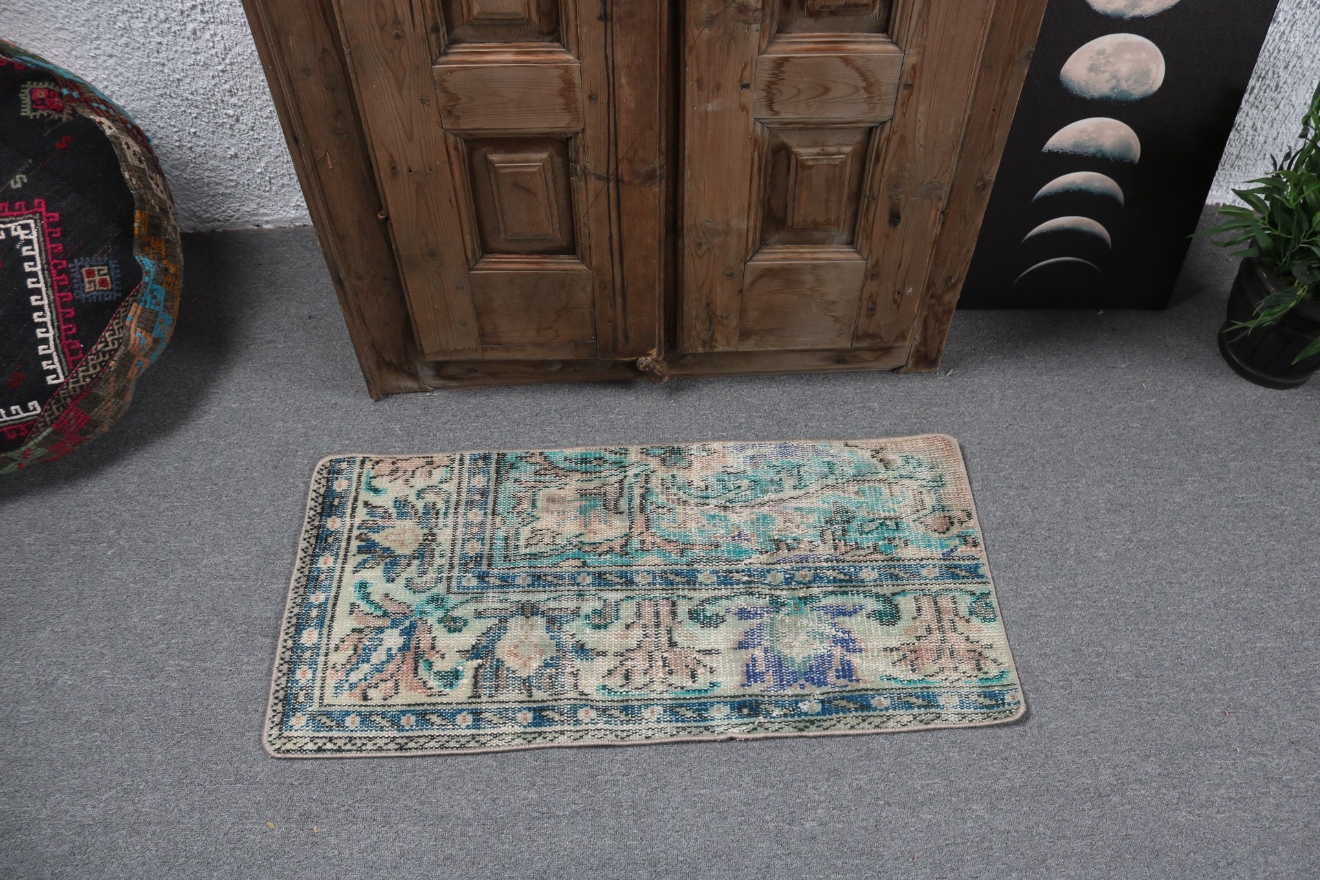 Turkish Rugs, Door Mat Rug, Floor Rug, 1.5x3.1 ft Small Rugs, Handwoven Rug, Bedroom Rugs, Green Moroccan Rug, Vintage Rug