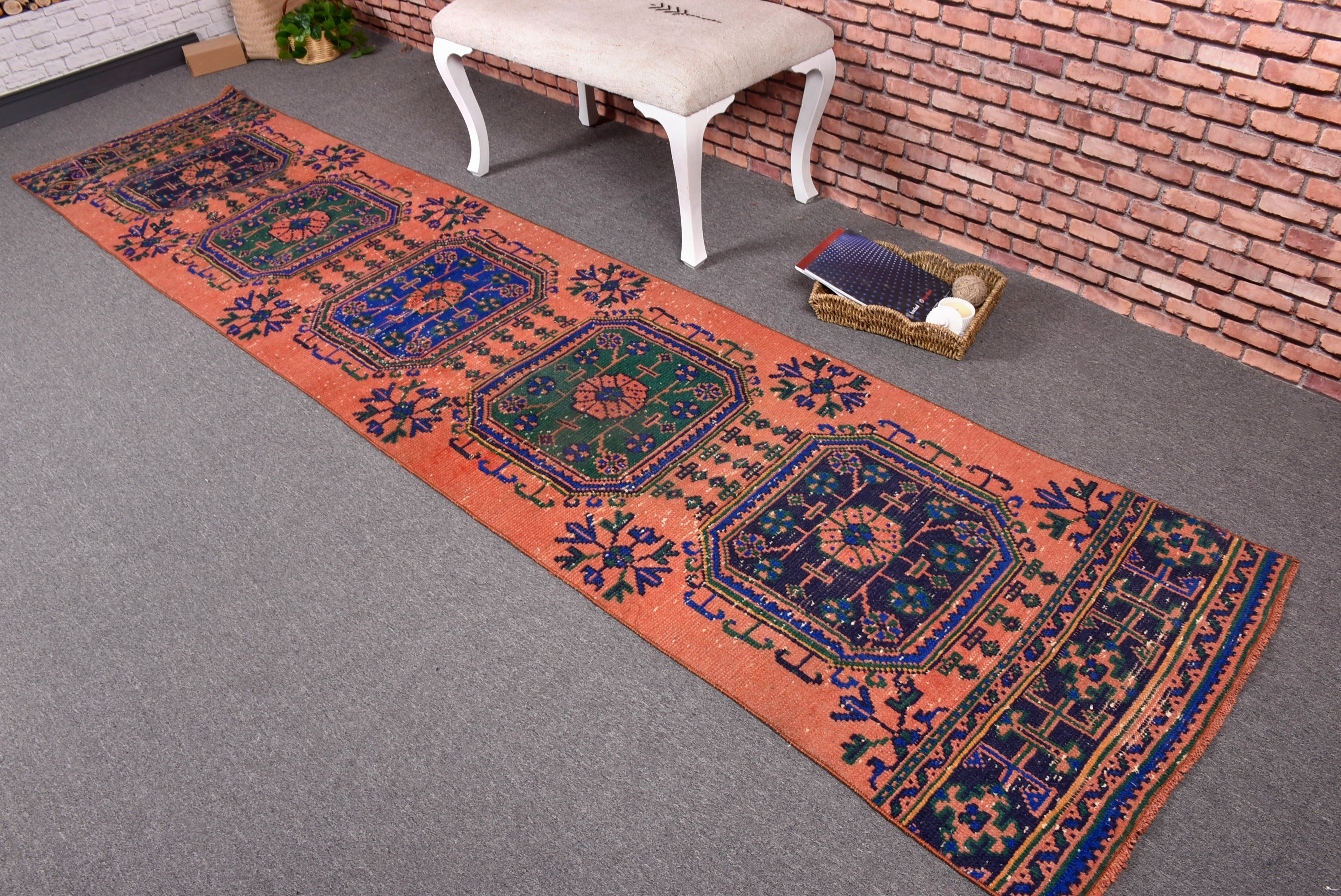 Türk Halısı, Vintage Halı, Mutfak Halısı, Yer Halıları, 2.7x11.5 ft Runner Halısı, Vintage Runner Halıları, Yatak Odası Halıları, Turuncu Geometrik Halılar