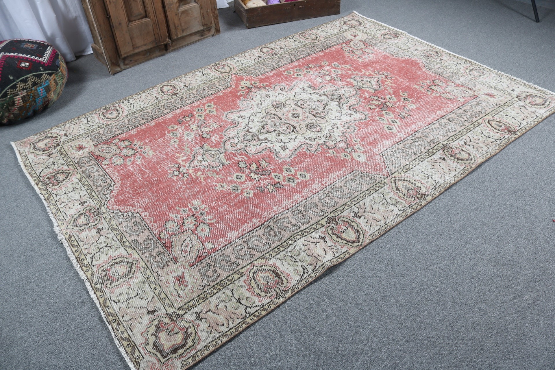 Büyük Boho Halı, Türk Halıları, Büyük Oushak Halıları, Vintage Halı, Yün Halıları, Ev Dekor Halıları, Kırmızı Düz ​​Dokuma Halıları, 5,5x8,1 ft Büyük Halı