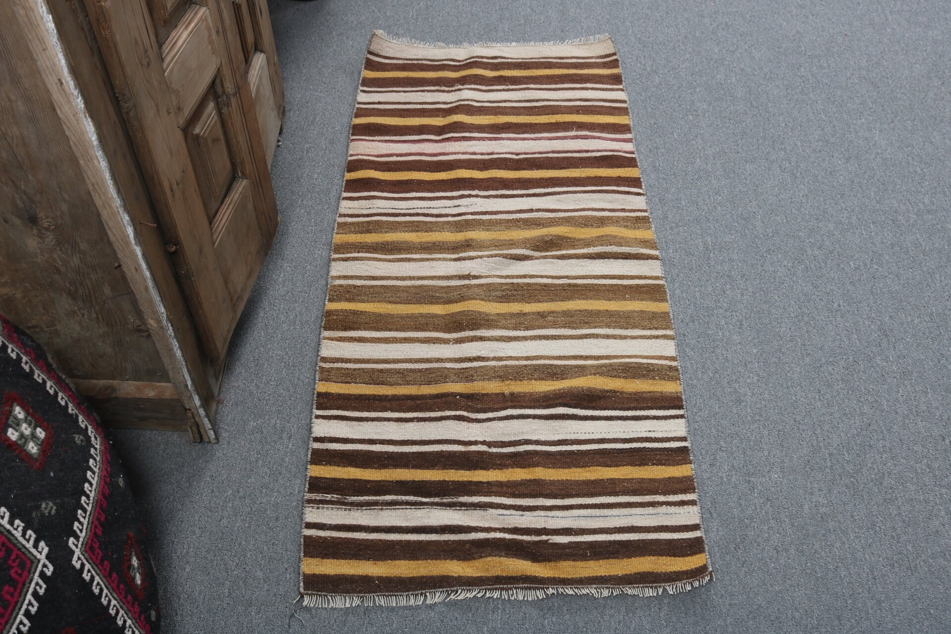 2x4.5 ft Küçük Halı, Kilim, Nötr Halı, Banyo Halısı, Kahverengi Modern Halılar, Küçük Vintage Halı, Vintage Halı, Türk Halıları, Geometrik Halılar