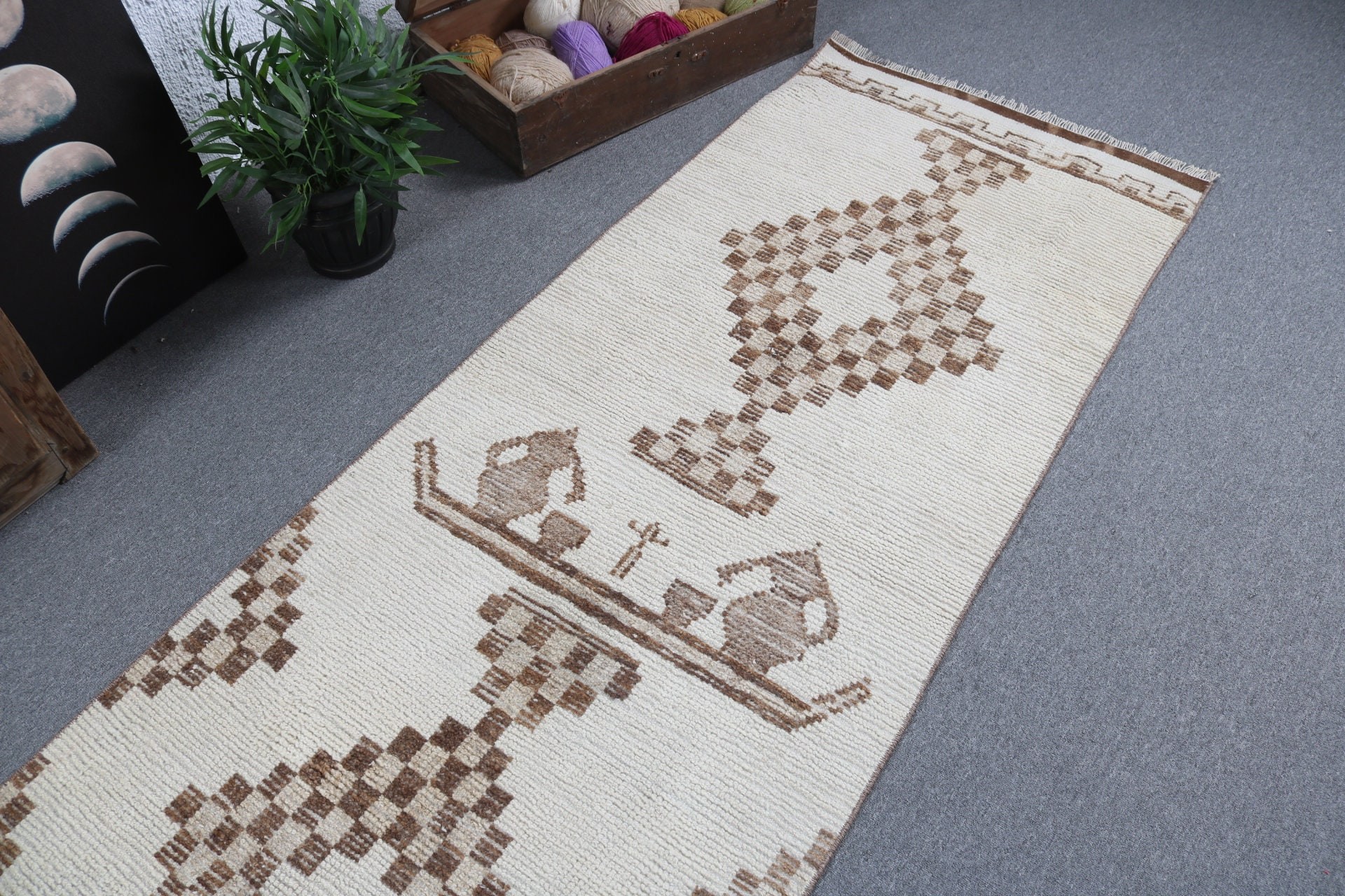 Oushak Rugs, 2.7x12.6 ft Runner Rugs, Vintage Rugs, Hallway Rugs, Beige Handwoven Rug, Geometric Rug, Turkish Rug, Vintage Runner Rug