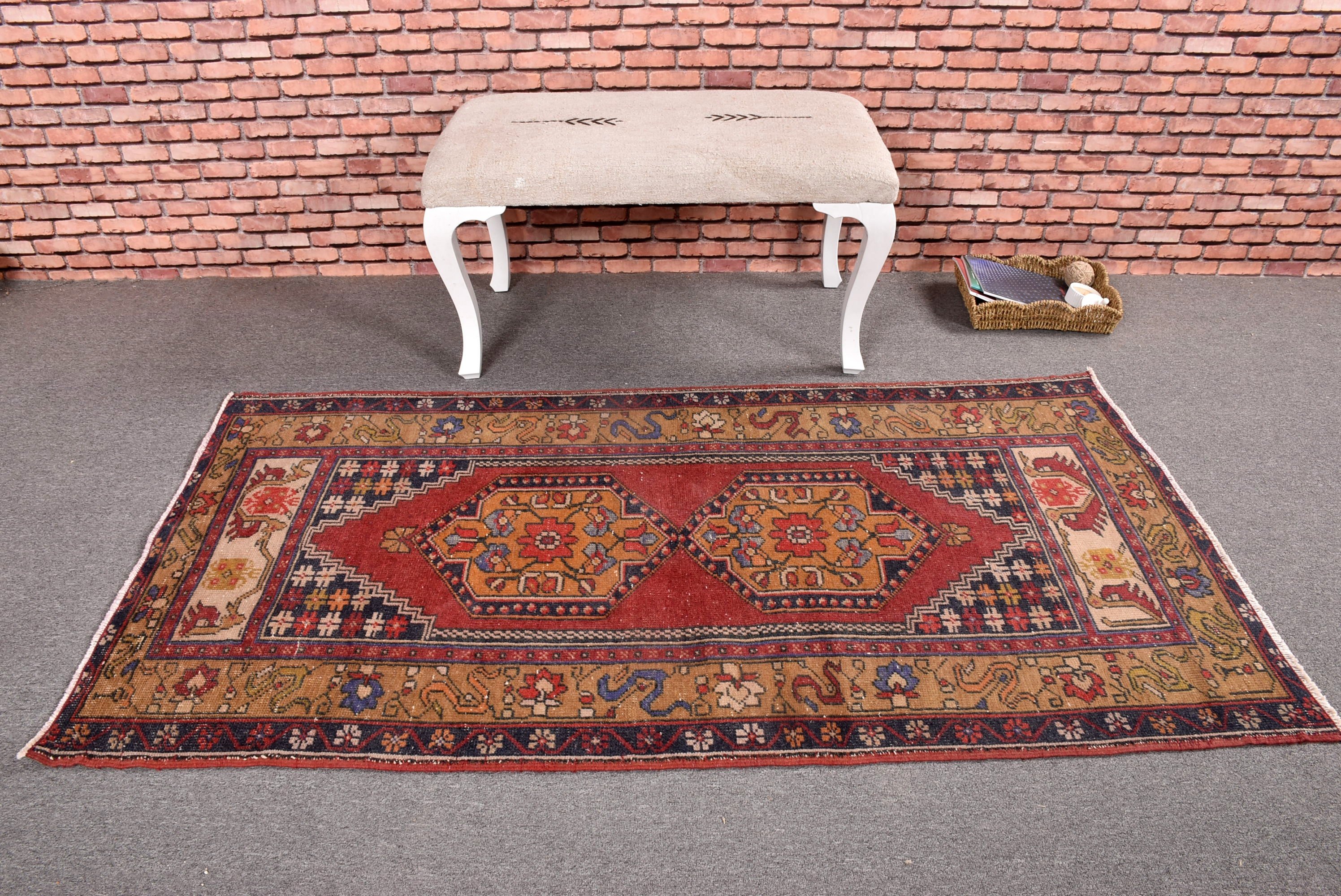 Açıklama Halısı, 3,2x6 ft Vurgulu Halılar, Vintage Vurgulu Halı, Düz Dokuma Halılar, Türk Halıları, Kırmızı Oushak Halıları, Dekoratif Halılar, Vintage Halılar