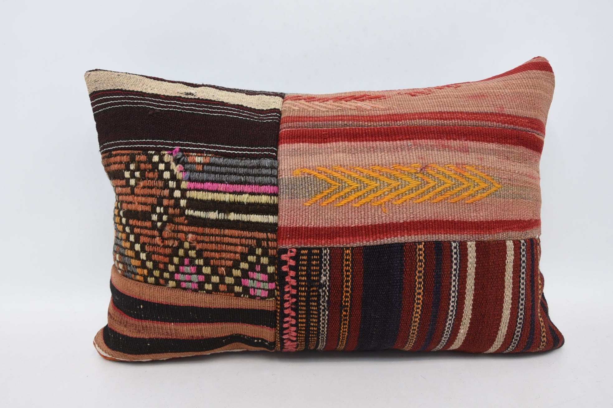 Ethnical Kilim Rug Pillow, Turkish Bench Pillow, Turkish Pillow, 16"x24" Brown Cushion Cover, Vintage Cushion, Kilim Pillow Cover