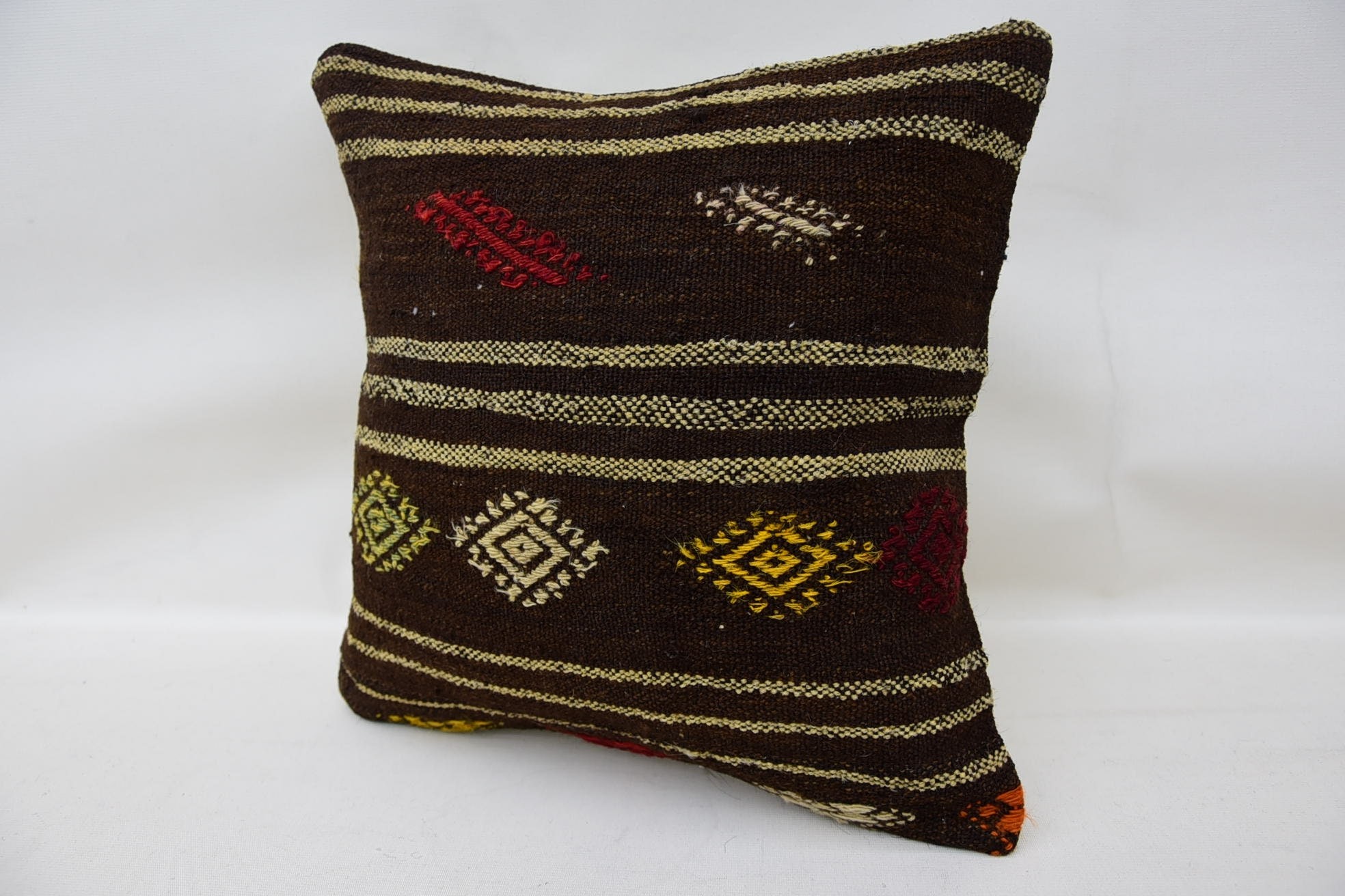 14"x14" Brown Cushion, Turkish Pillow, Boho Pillow, Shabby Chic Cushion, Yoga Cushion, Kilim Rug Pillow Sham, Interior Designer Pillow