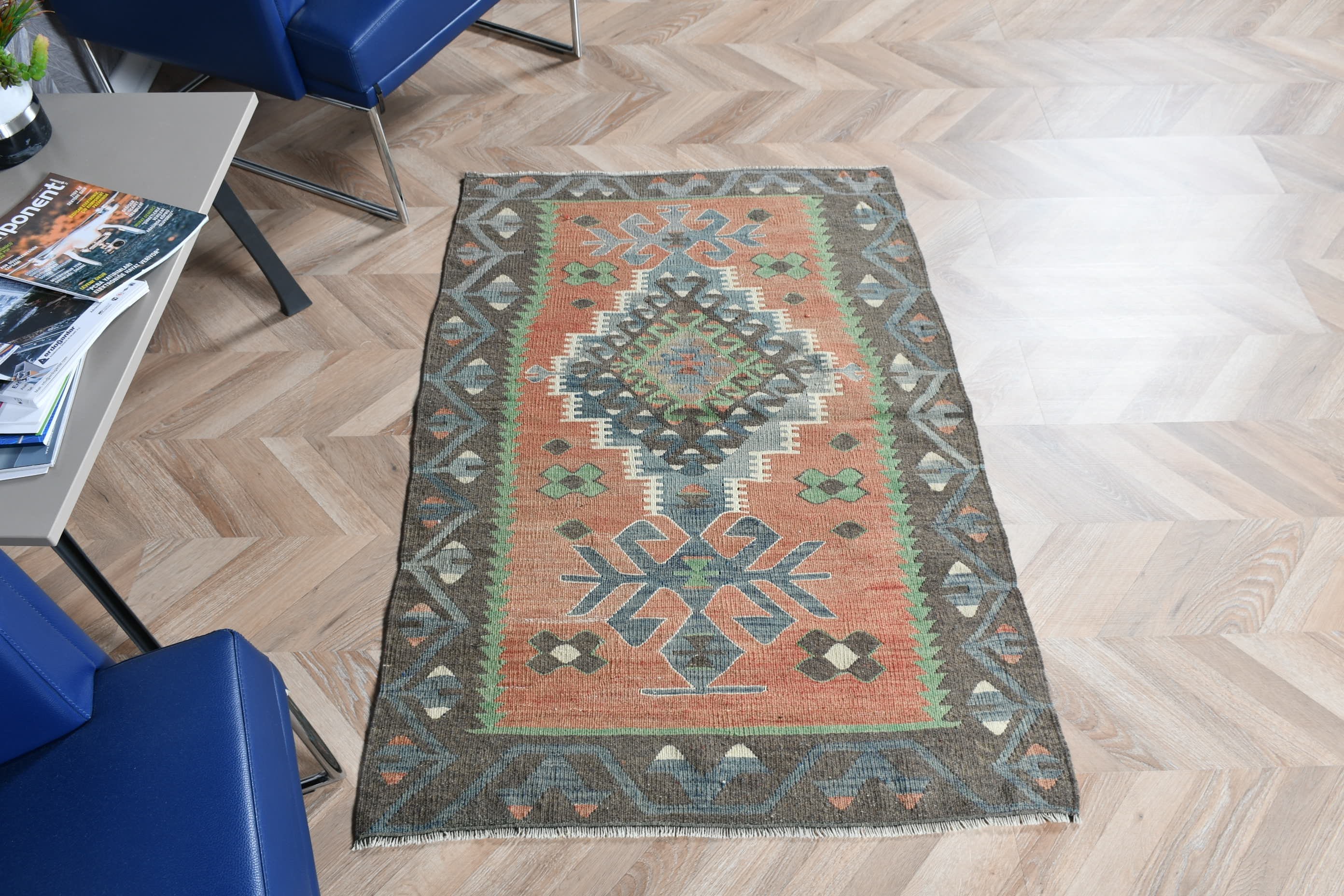 Paspas Kilim, 87x131 cm Küçük Kilim, Turuncu Serin Kilim, Türk Kilim, Anadolu Kilim, Duvar Kilim, Yatak odası Kilim, Paspas Kilim