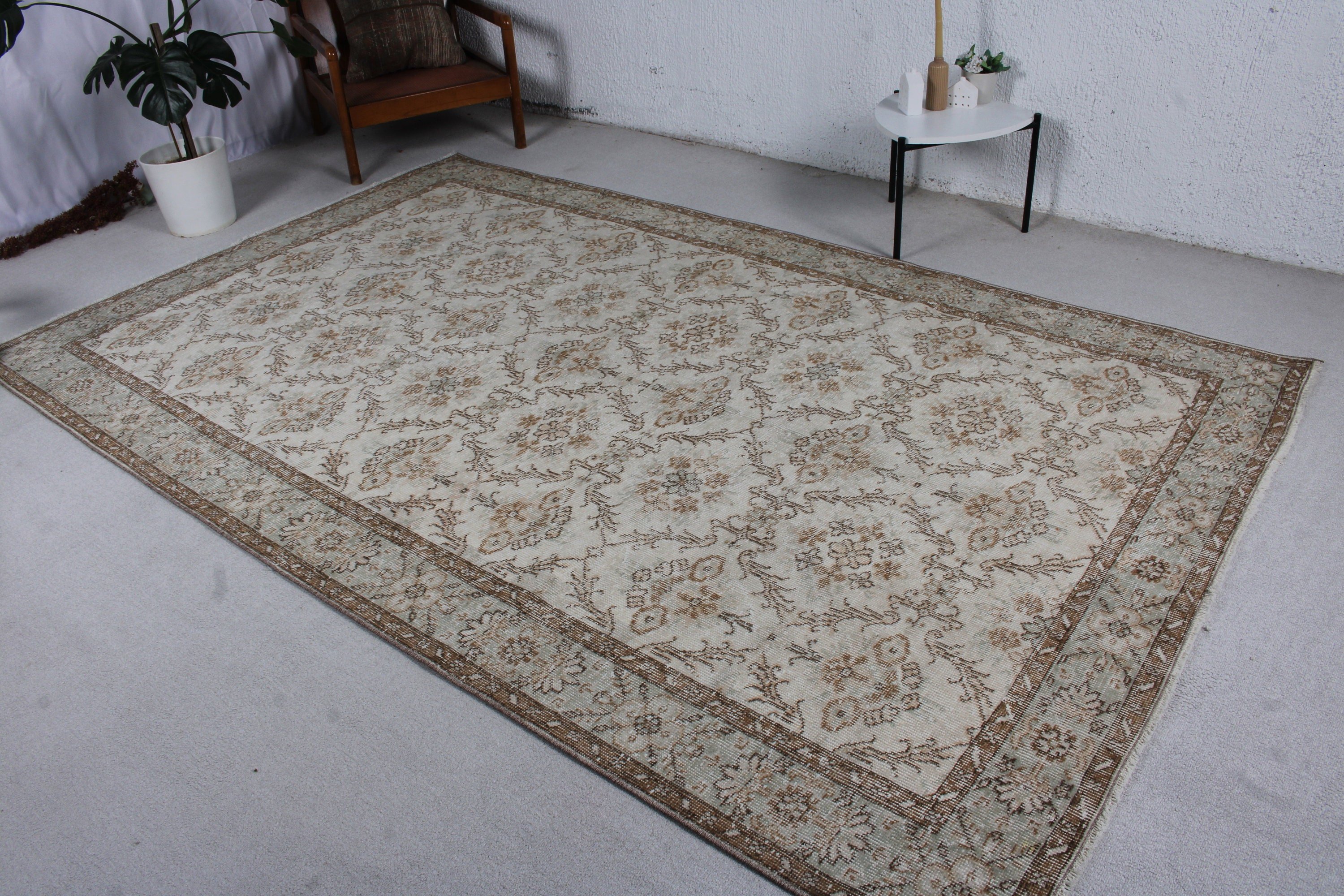 Yer Halısı, Bej Nötr Halı, Yemek Odası Halısı, Türk Halısı, Büyük Oushak Halısı, Vintage Halı, Düz Dokuma Halılar, 6.1x9.7 ft Büyük Halı, Boho Halısı