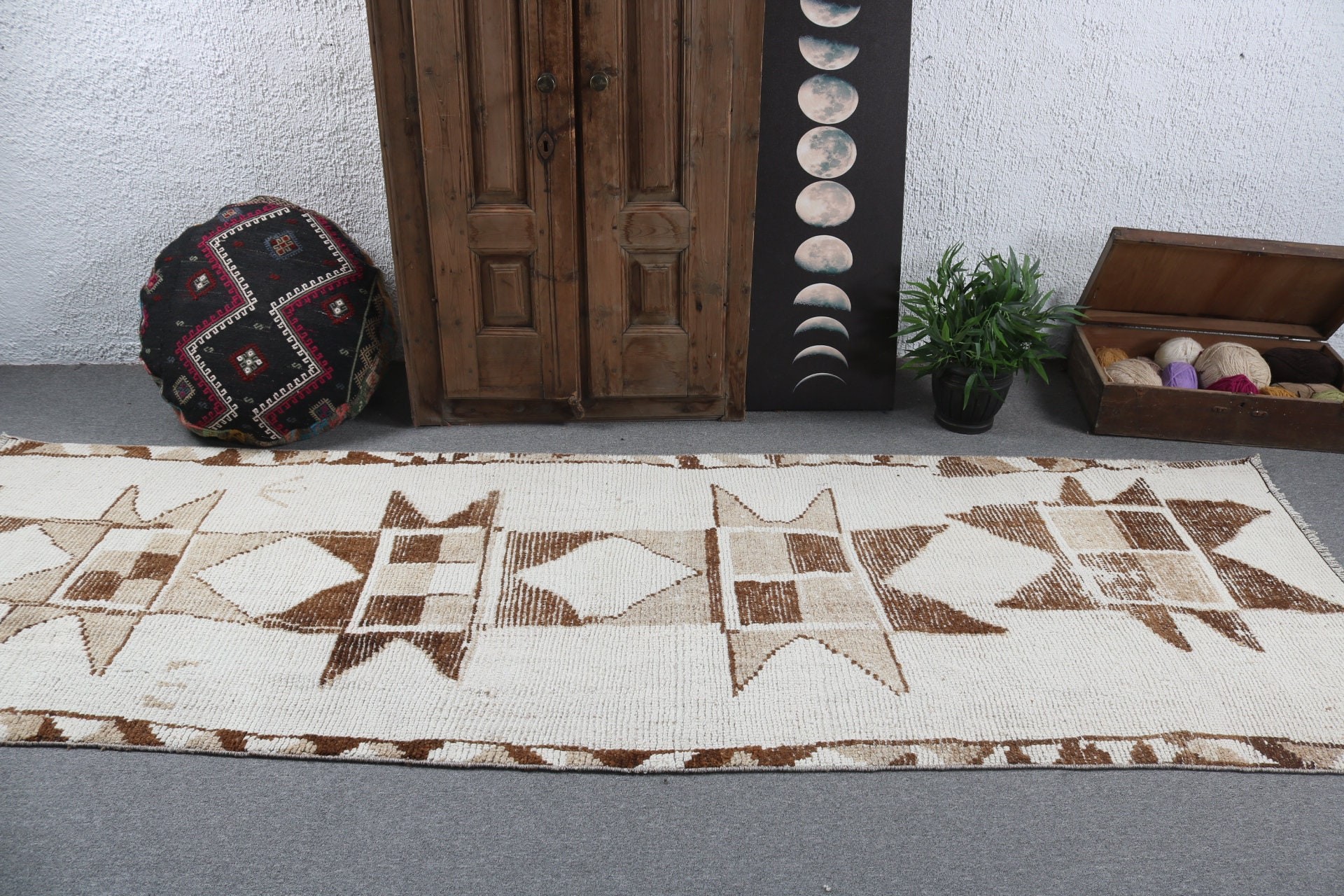 Vintage Halı, Türk Halısı, Yer Halısı, Beyaz 3.4x10.4 ft Runner Halıları, Uzun Runner Halısı, Boho Halıları, Vintage Runner Halıları