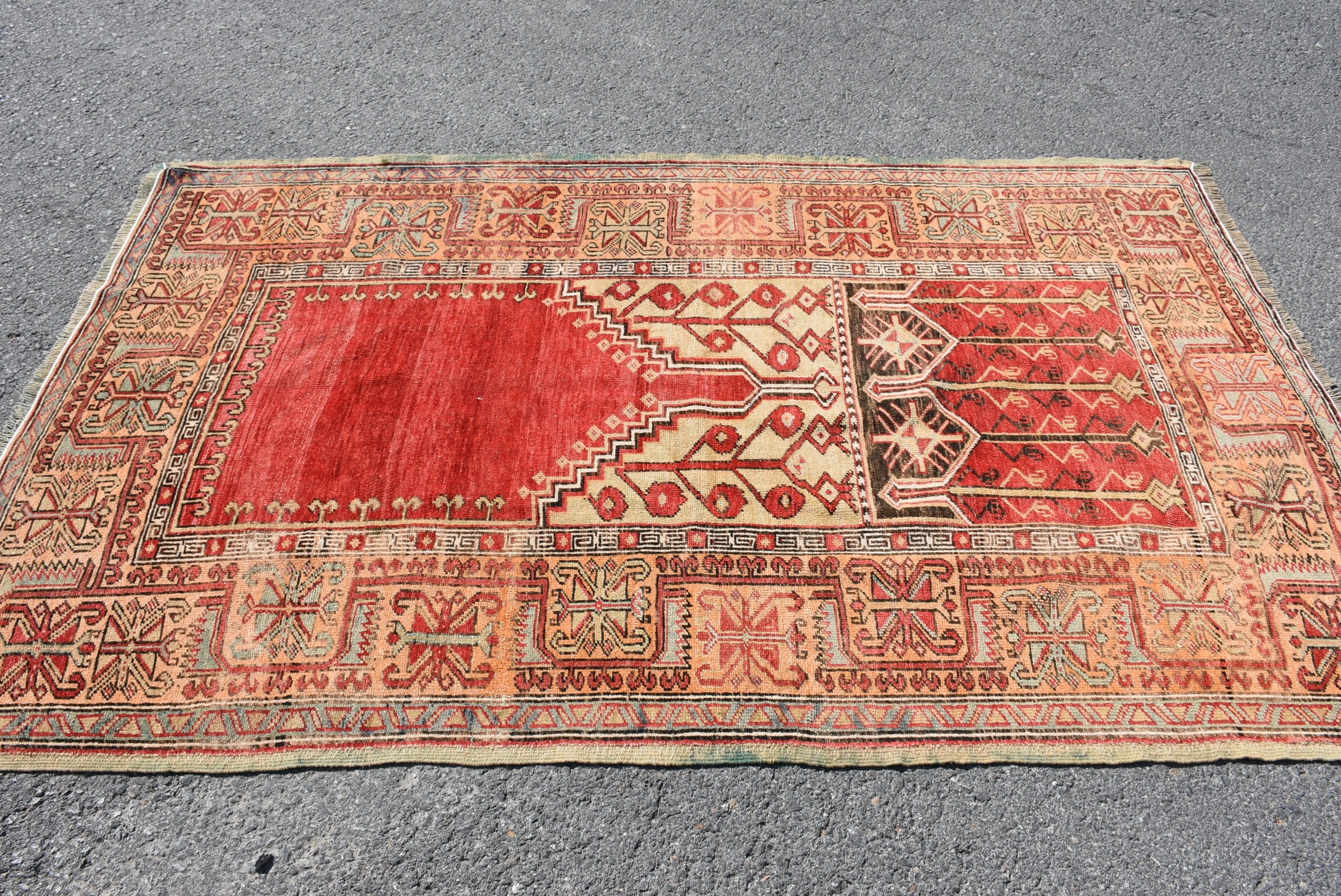 Turkish Rug, Floor Rug, Vintage Rug, Organic Rug, Bedroom Rugs, Red Moroccan Rug, 4.3x7.1 ft Area Rug, Rugs for Kitchen