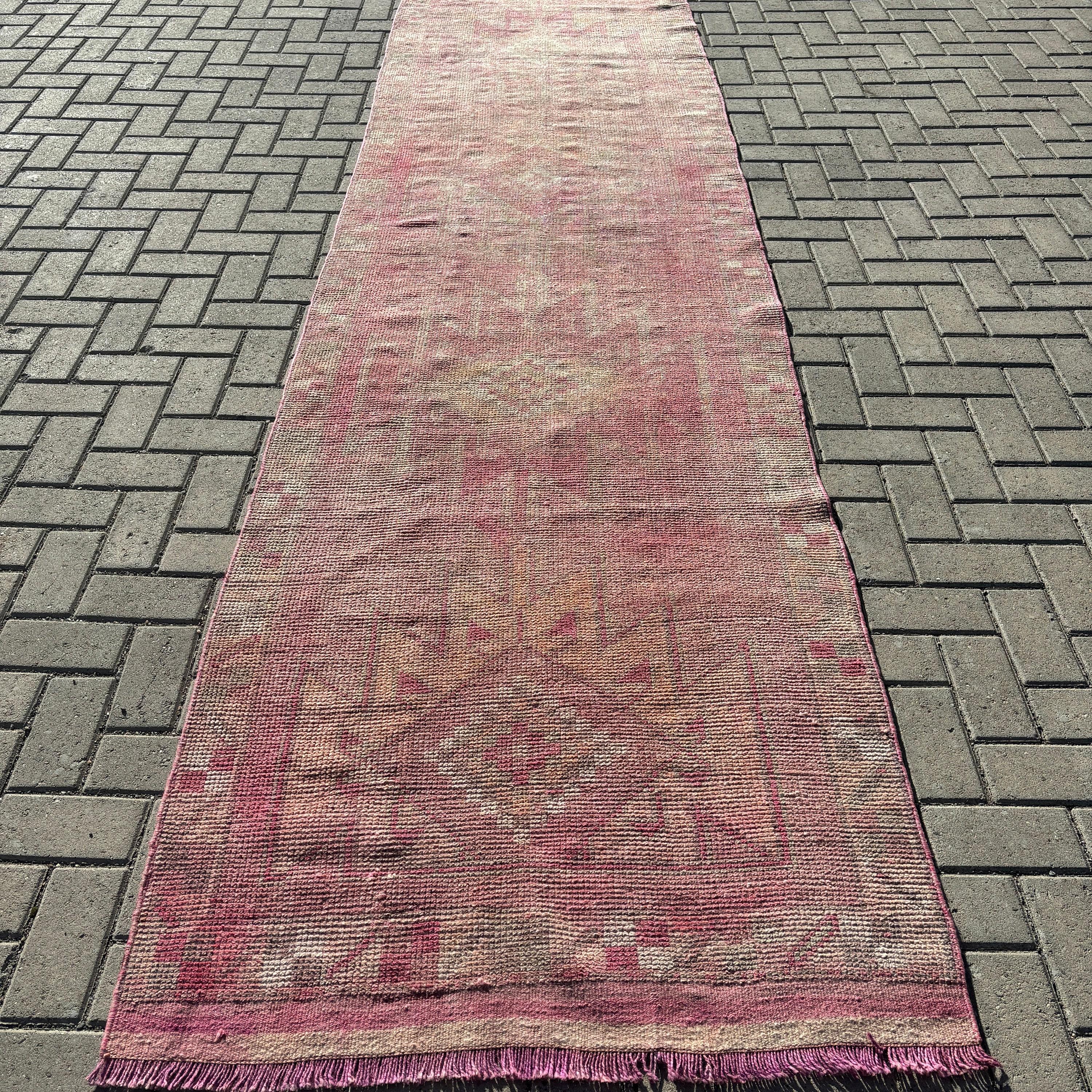 Mutfak Halıları, 3.2x12.3 ft Yolluk Halılar, El Dokuma Halı, Uzun Yolluk Halılar, Geometrik Halı, Türk Halıları, Pembe Antika Halılar, Vintage Halı