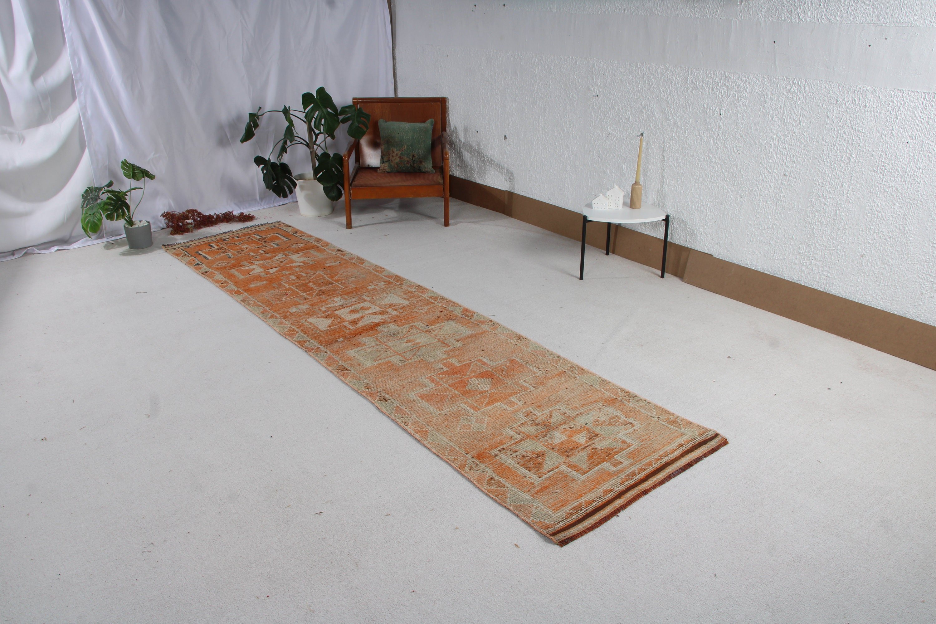 Vintage Halı, Yatak Odası Halıları, Anadolu Halısı, Beni Ourain Koşucu Halısı, Türk Halısı, Koridor Halısı, Turuncu Oushak Halıları, 2.8x11.5 ft Runner Halısı