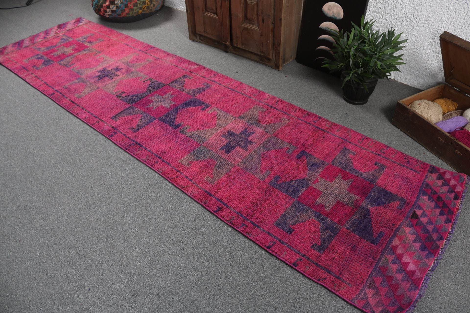 Wool Rug, Beni Ourain Runner Rug, Aztec Rug, Turkish Rugs, Pink Floor Rug, 2.9x11.2 ft Runner Rug, Geometric Rug, Vintage Rug, Hallway Rugs