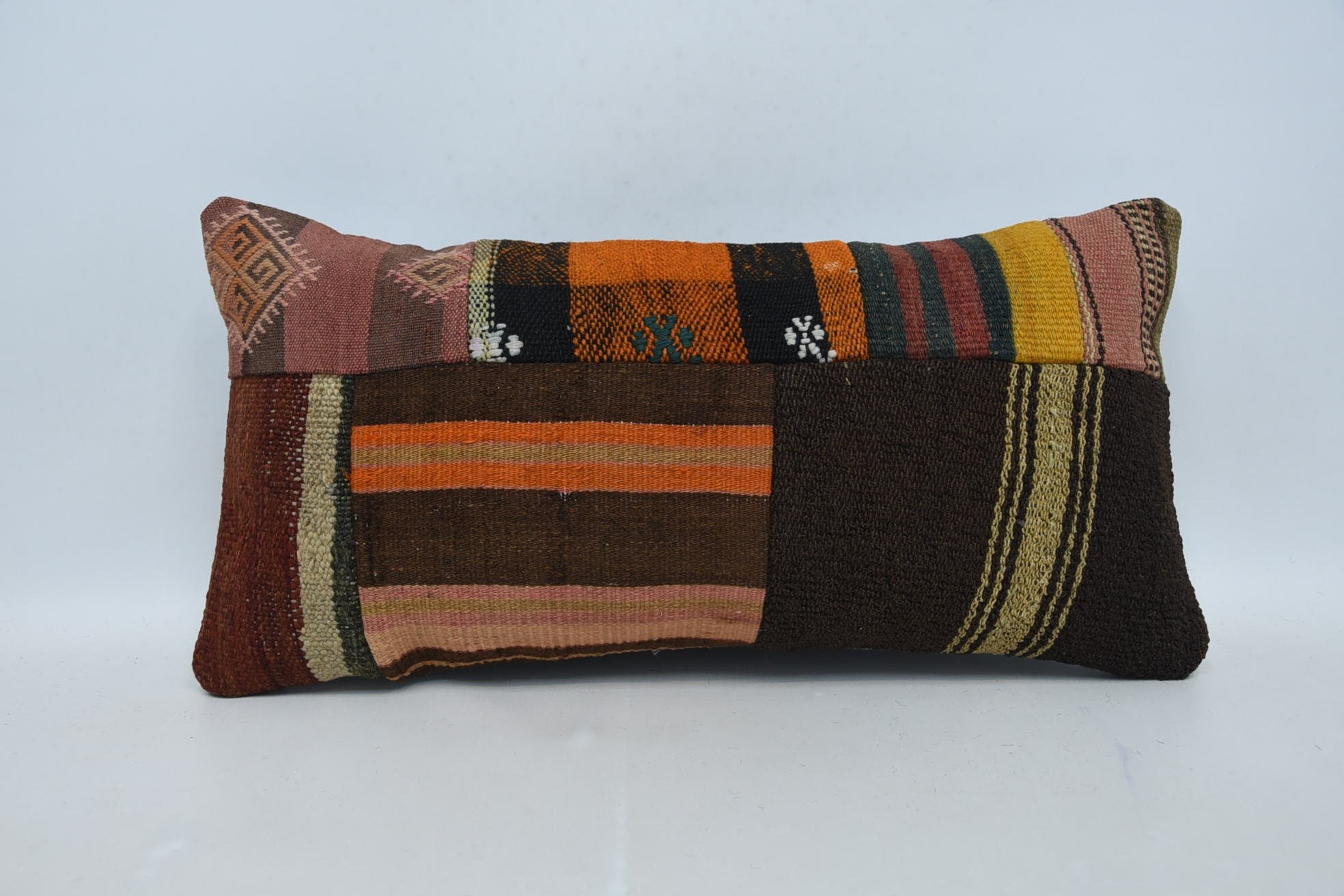 Bench Pillow, Home Decor Pillow, Colorful Cushion Case, Kilim Pillow, 12"x24" Brown Pillow Cover, Indoor Pillow Sham, Throw Kilim Pillow