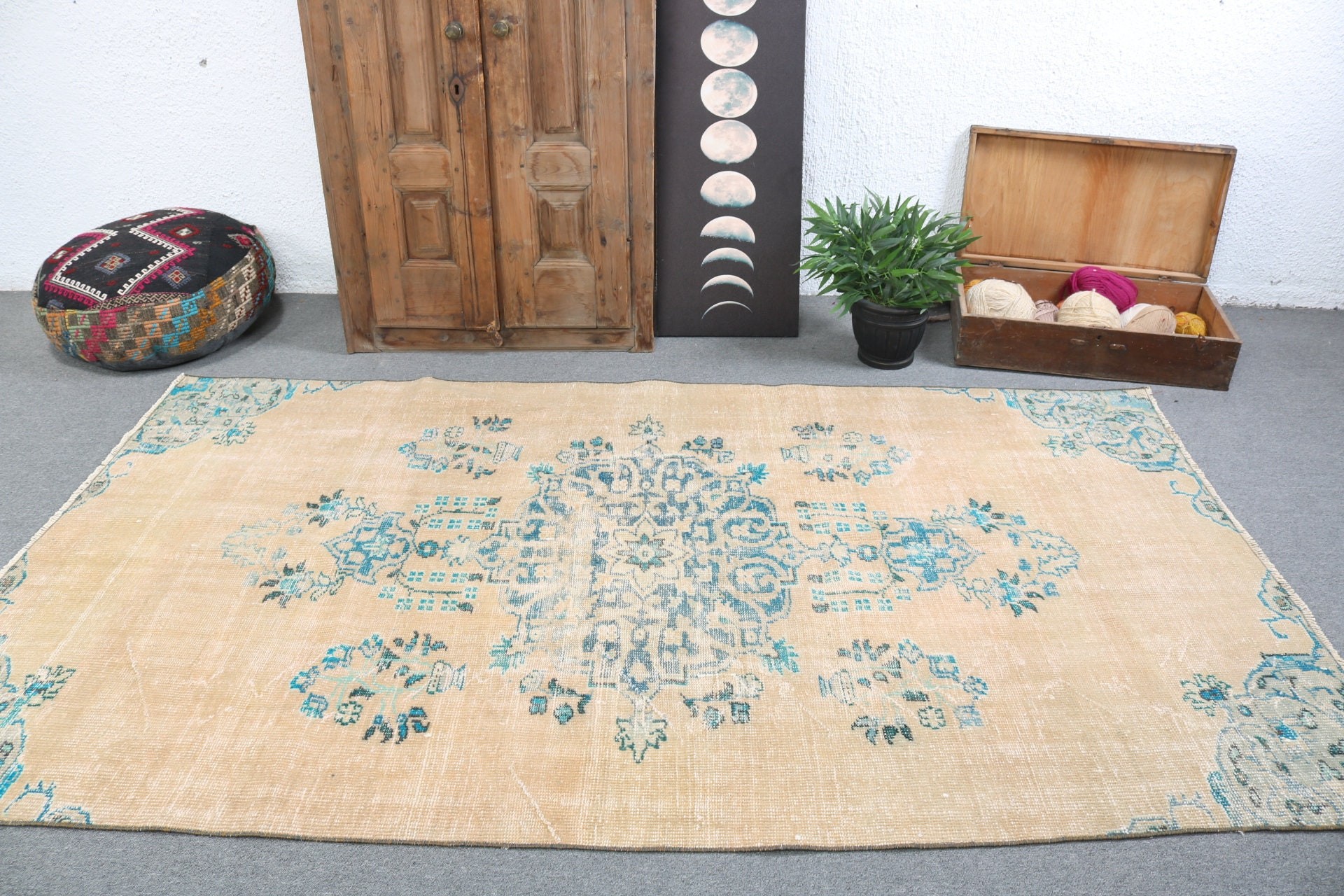 Bej Yer Halıları, Yün Halı, 5x8,7 ft Büyük Halı, Büyük Boho Halıları, Oturma Odası Halısı, Türk Halısı, Estetik Halı, Vintage Halılar, Geometrik Halı