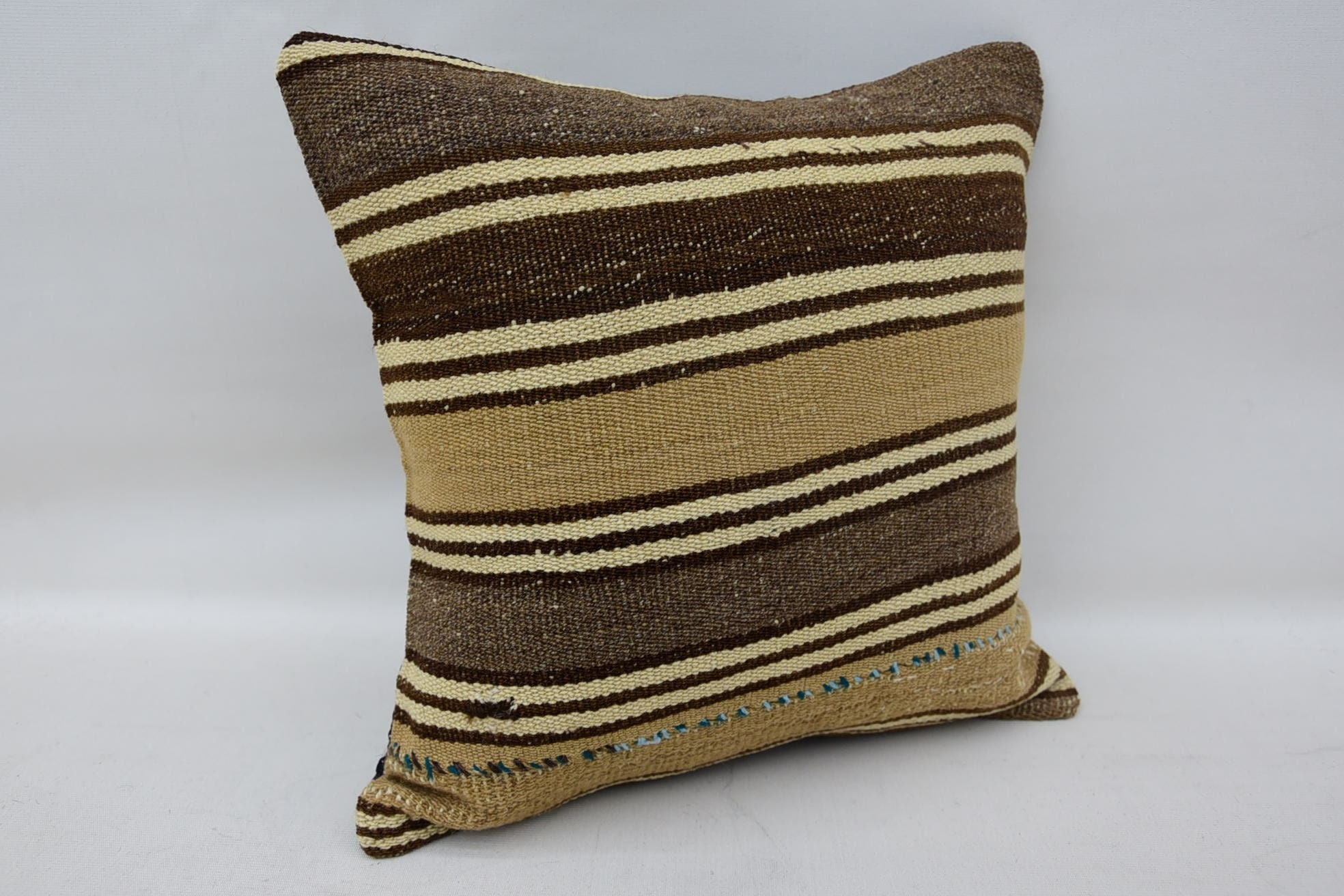 Natural Cushion Case, Crochet Pattern Pillow, Throw Kilim Pillow, Kilim Pillow, 14"x14" Brown Pillow Sham, Vintage Pillow