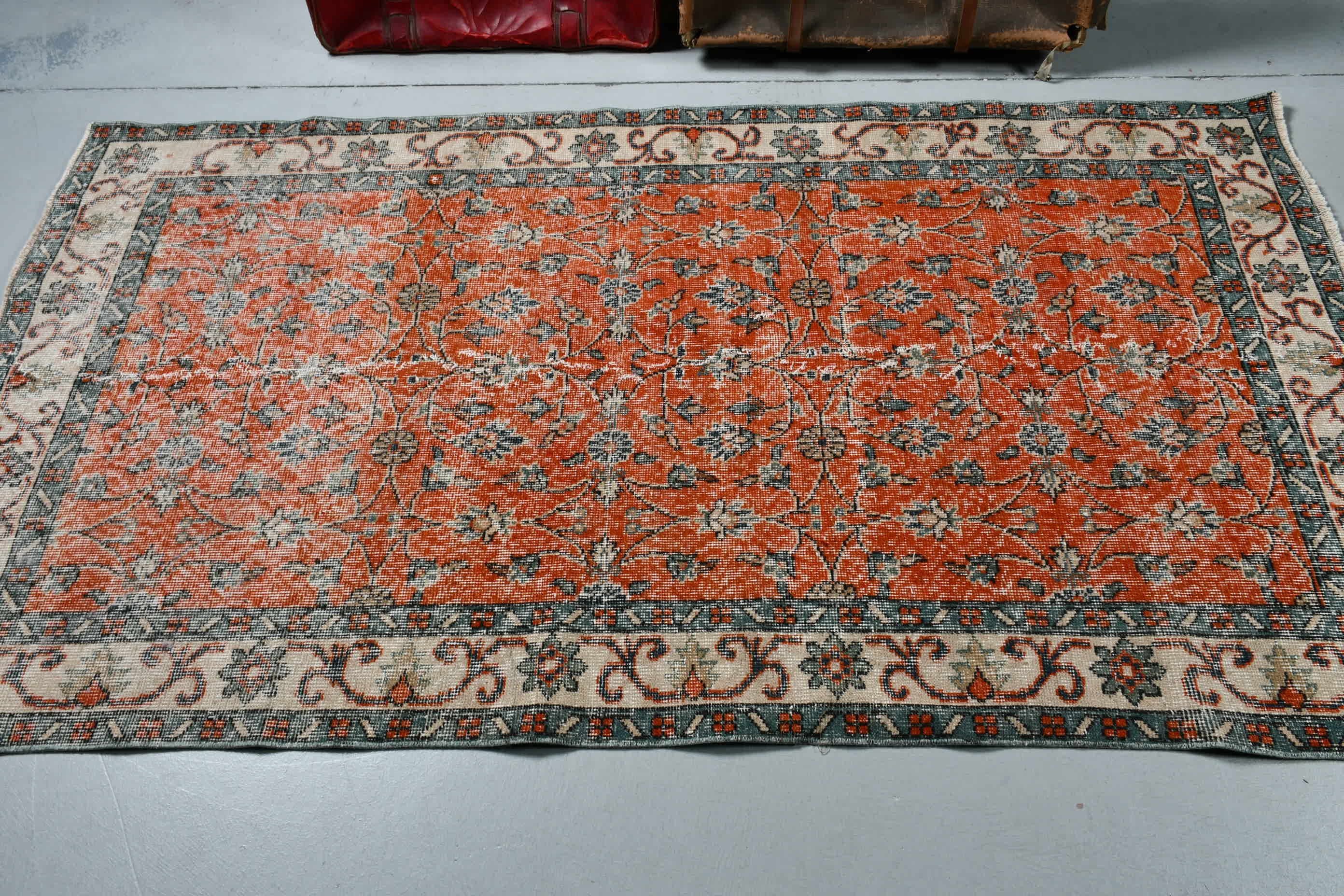 Living Room Rug, Orange Floor Rug, Rugs for Indoor, Turkish Rug, Vintage Rug, Indoor Rugs, Kitchen Rug, 3.7x6.7 ft Area Rug