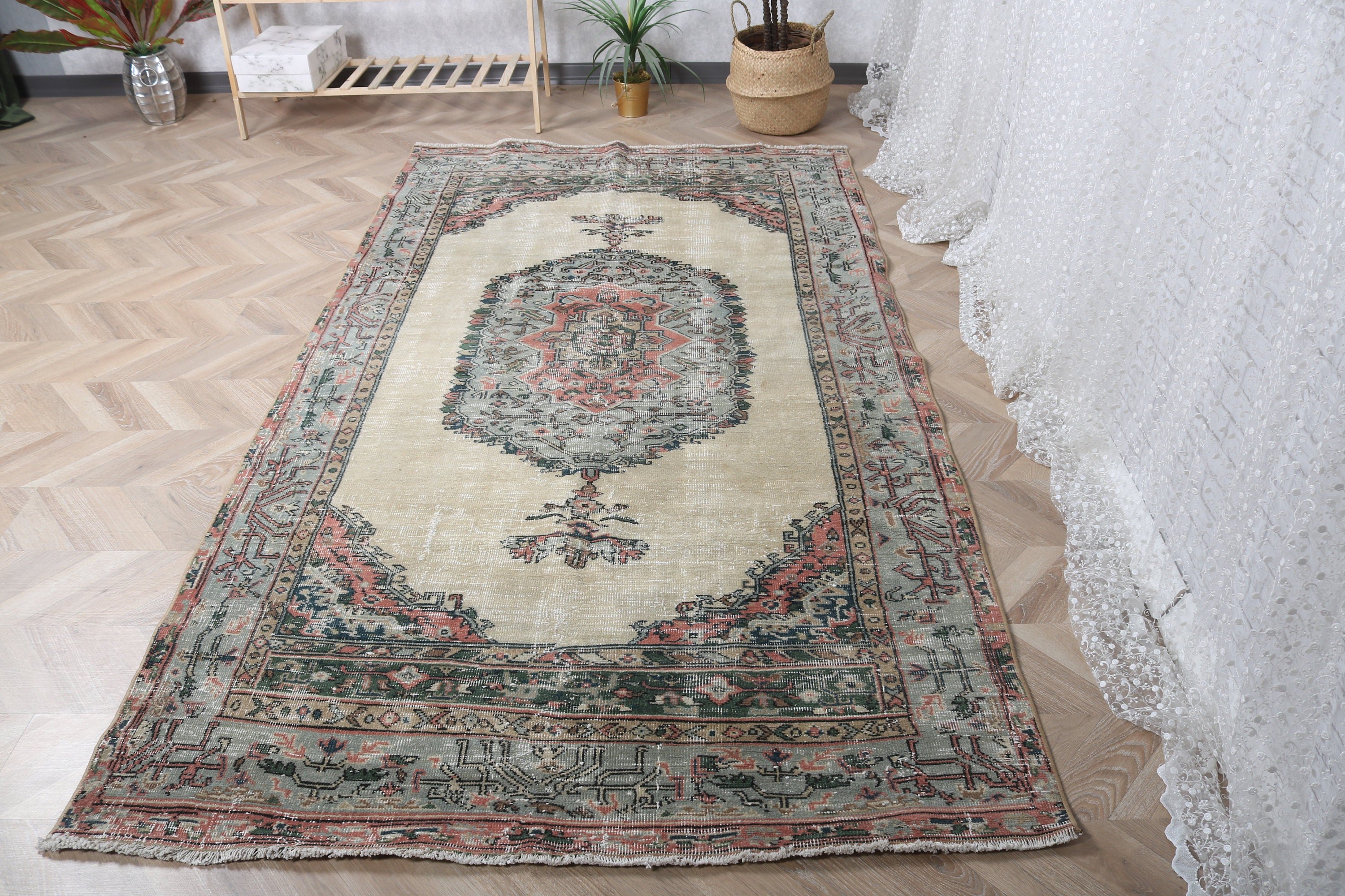 Turkish Rugs, Rugs for Dining Room, Vintage Rugs, Indoor Rugs, Beige Wool Rug, Handwoven Rug, Home Decor Rugs, 4.6x8.4 ft Area Rug