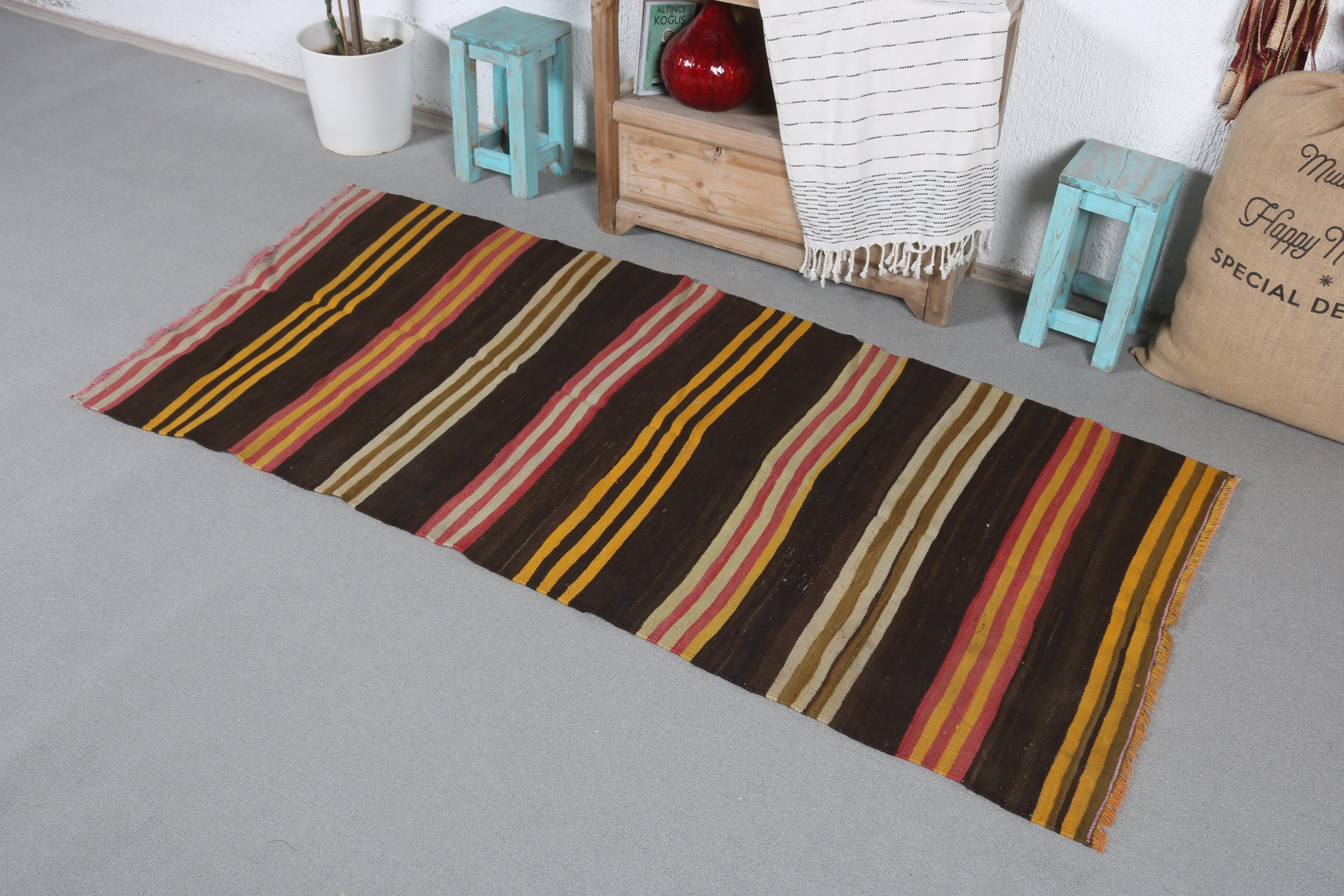 Cute Rug, Turkish Rugs, 3x6 ft Accent Rug, Antique Rug, Nursery Rug, Kilim, Anatolian Rug, Brown Antique Rugs, Vintage Rugs, Bedroom Rugs