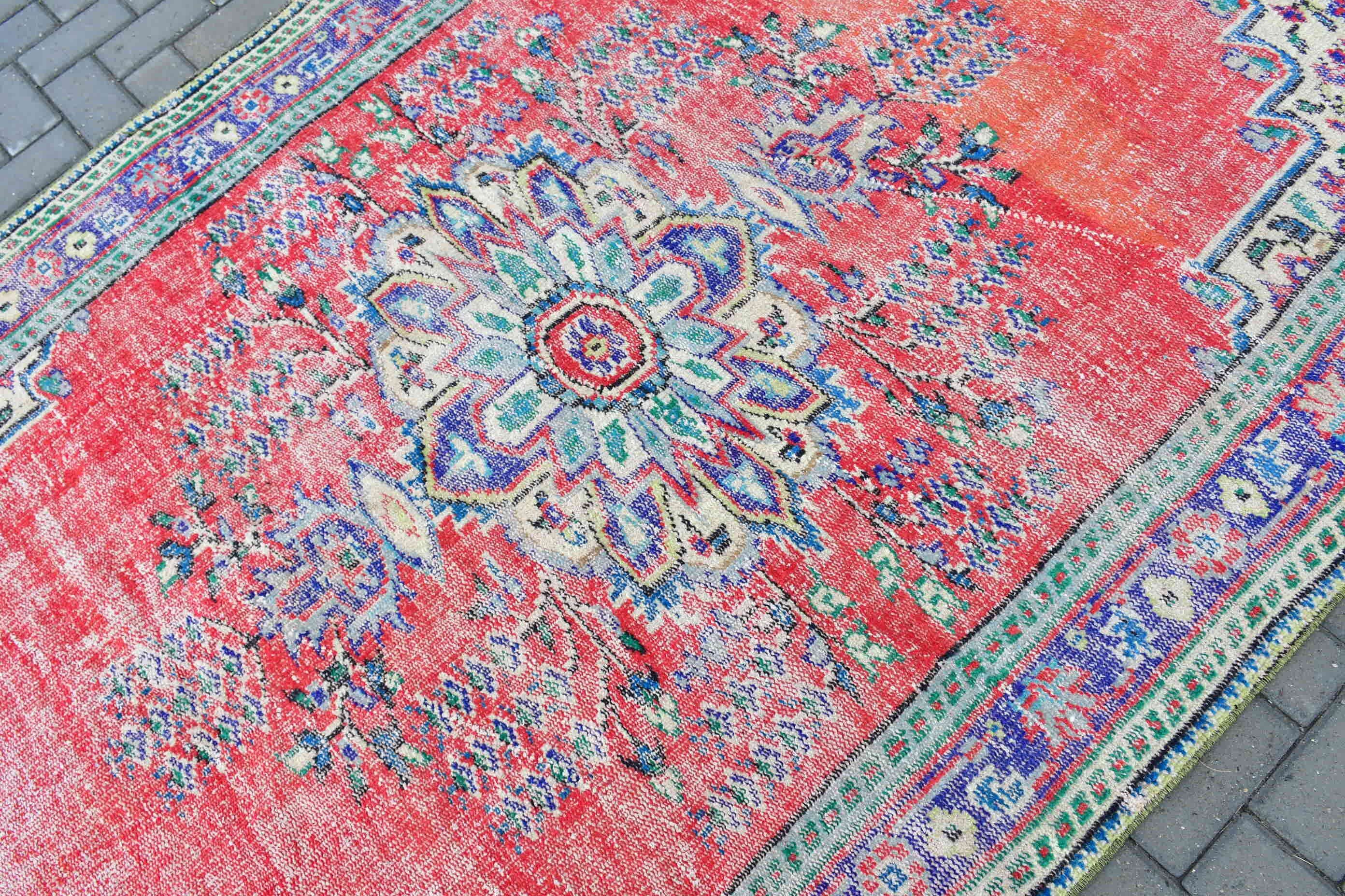 Yün Halı, Türk Halısı, Kırmızı Soğuk Halı, 5.4x8.7 ft Büyük Halı, Oturma Odası Halıları, Antika Halı, Yemek Odası Halısı, Vintage Dekor Halısı, Vintage Halı