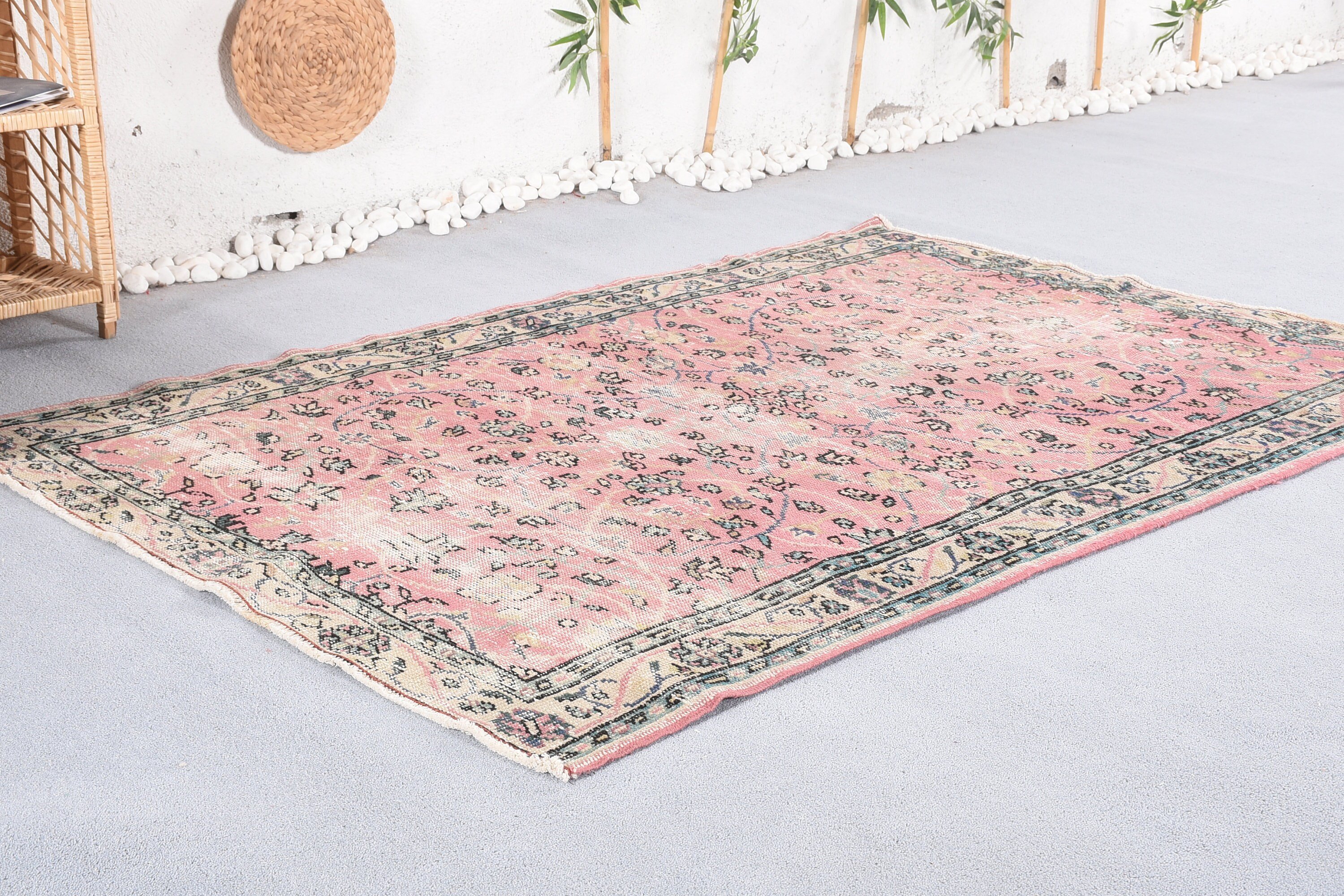 Turkish Rug, Pink Oriental Rugs, Bedroom Rugs, Wool Rugs, Vintage Rug, Rugs for Nursery, Kitchen Rug, 4.6x6.7 ft Area Rug