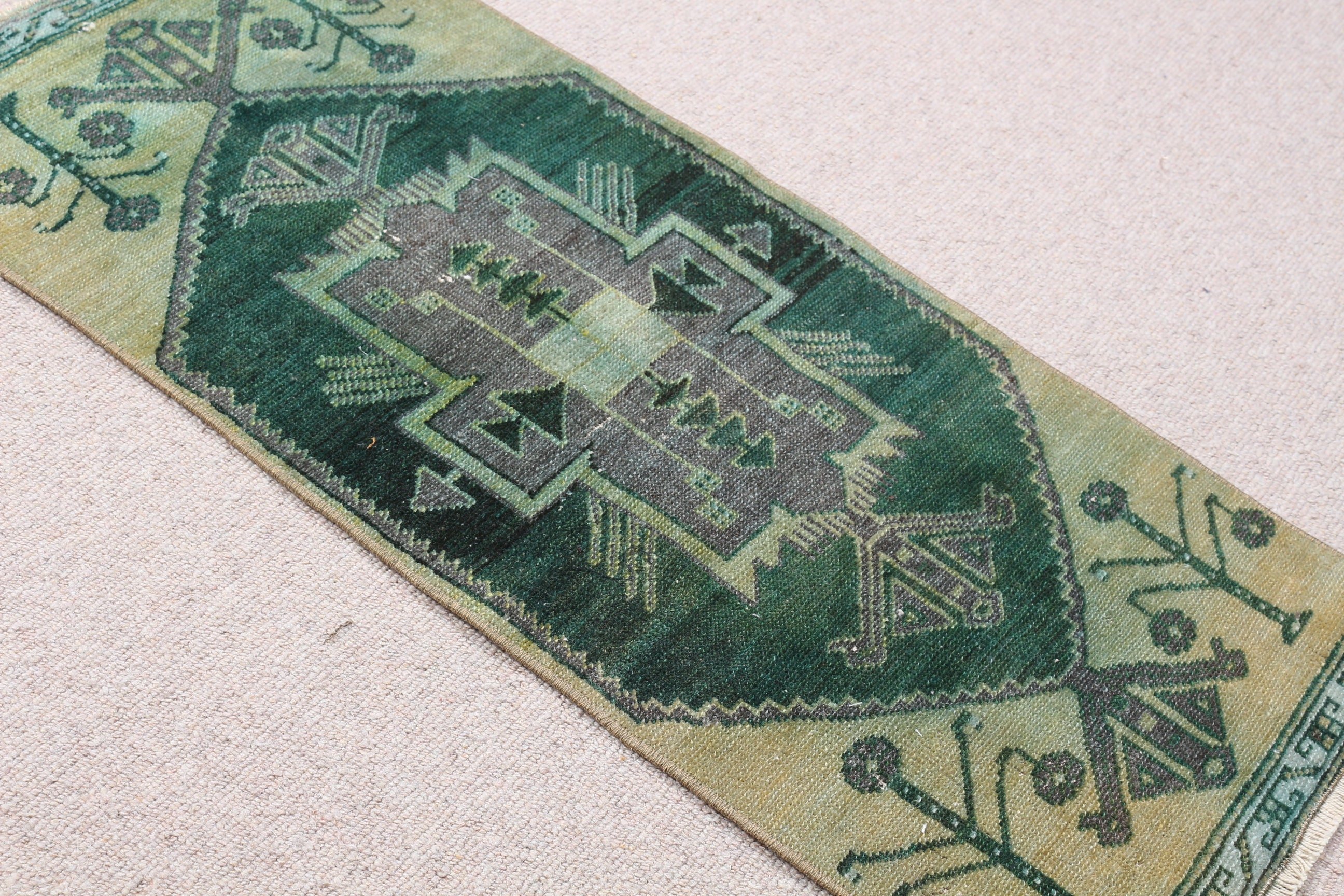 Home Decor Rug, Vintage Rugs, Door Mat Rug, Turkish Rug, Green  1.4x3.3 ft Small Rug, Wall Hanging Rugs, Old Rug