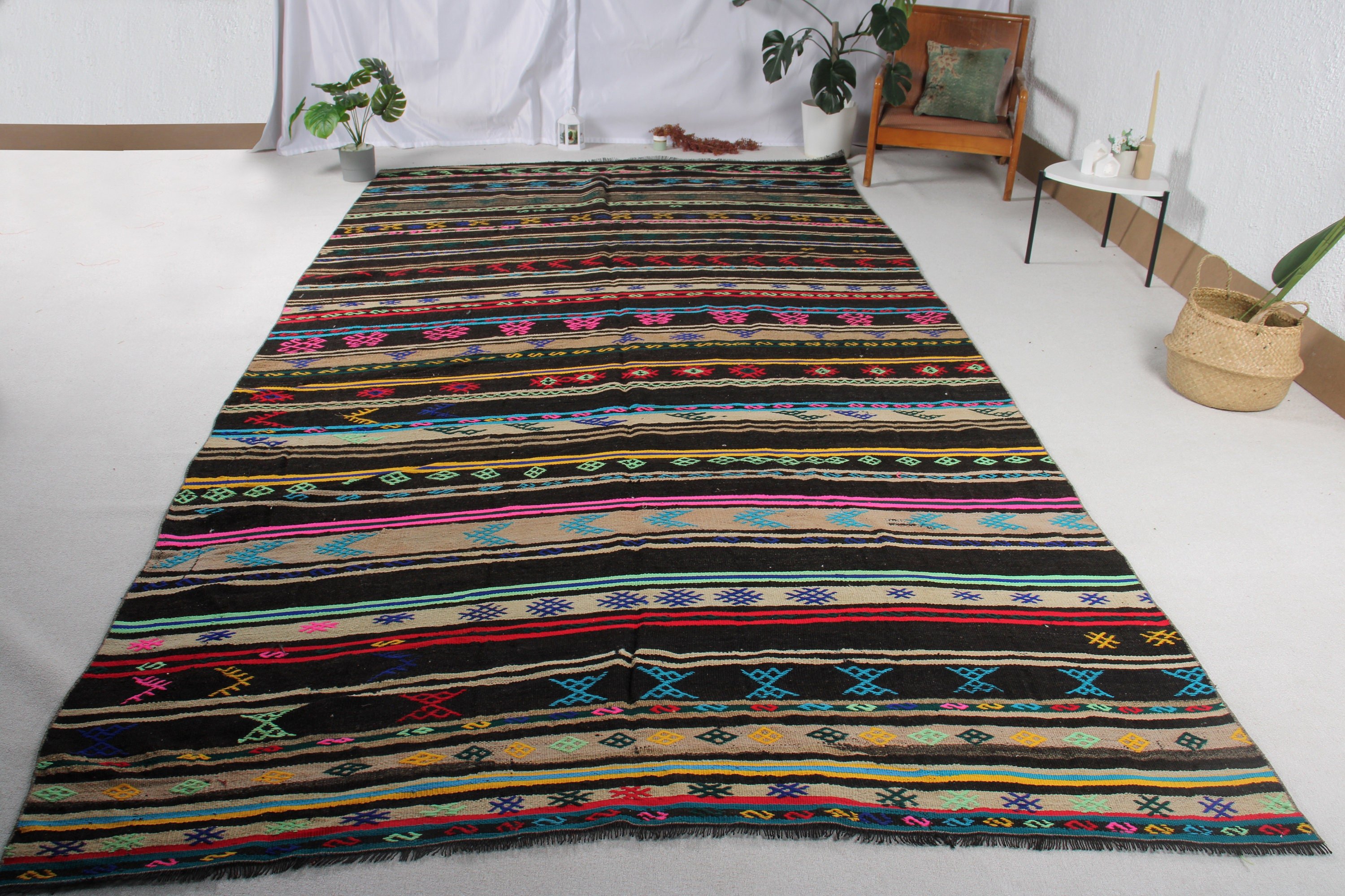 Vintage Halılar, Salon Halıları, Kilim, 6.8x13.7 ft Büyük Boy Halılar, Türk Halısı, Siyah El Dokuma Halısı, Oturma Odası Halıları, Oushak Halısı, Anadolu Halısı