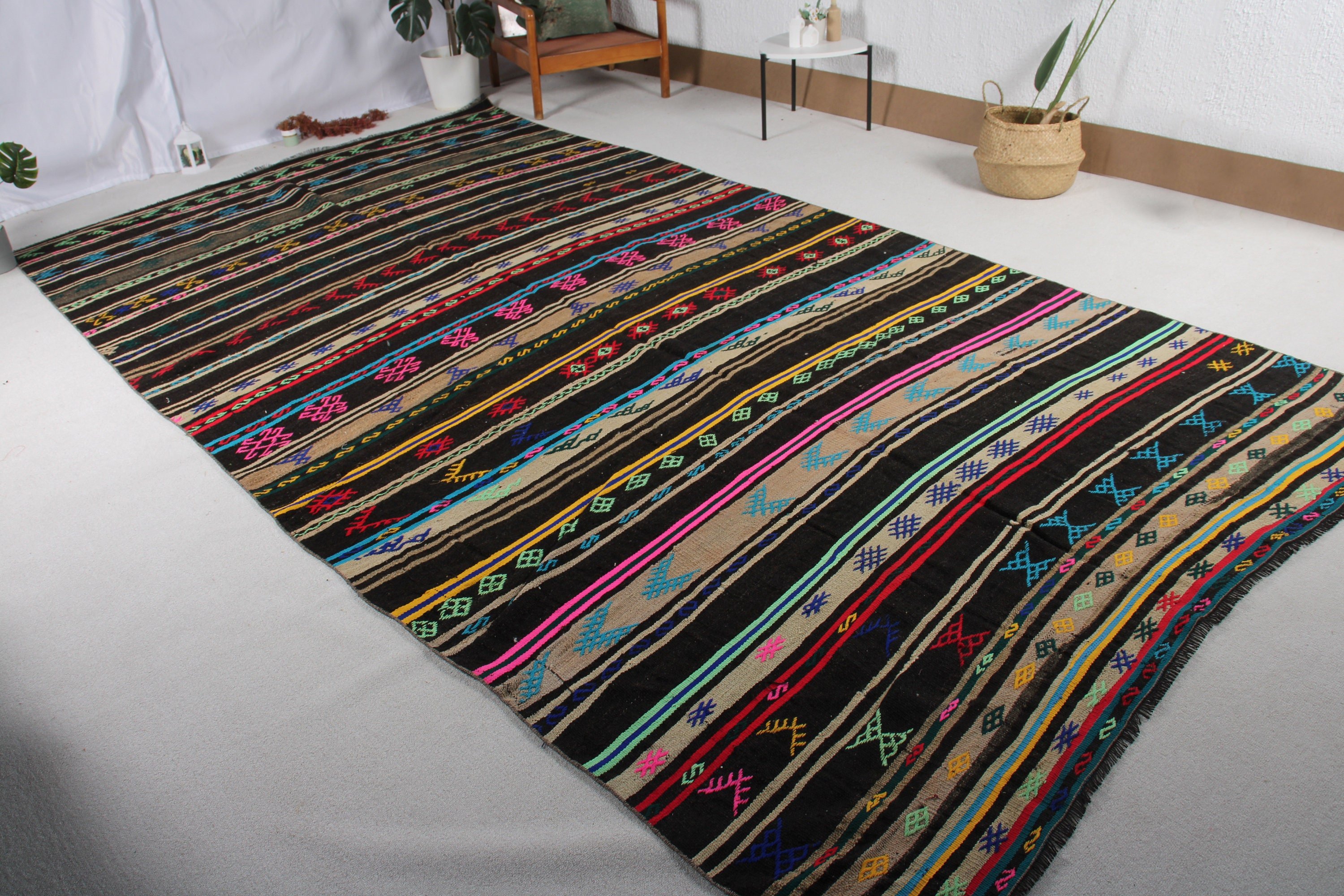 Vintage Halılar, Salon Halıları, Kilim, 6.8x13.7 ft Büyük Boy Halılar, Türk Halısı, Siyah El Dokuma Halısı, Oturma Odası Halıları, Oushak Halısı, Anadolu Halısı