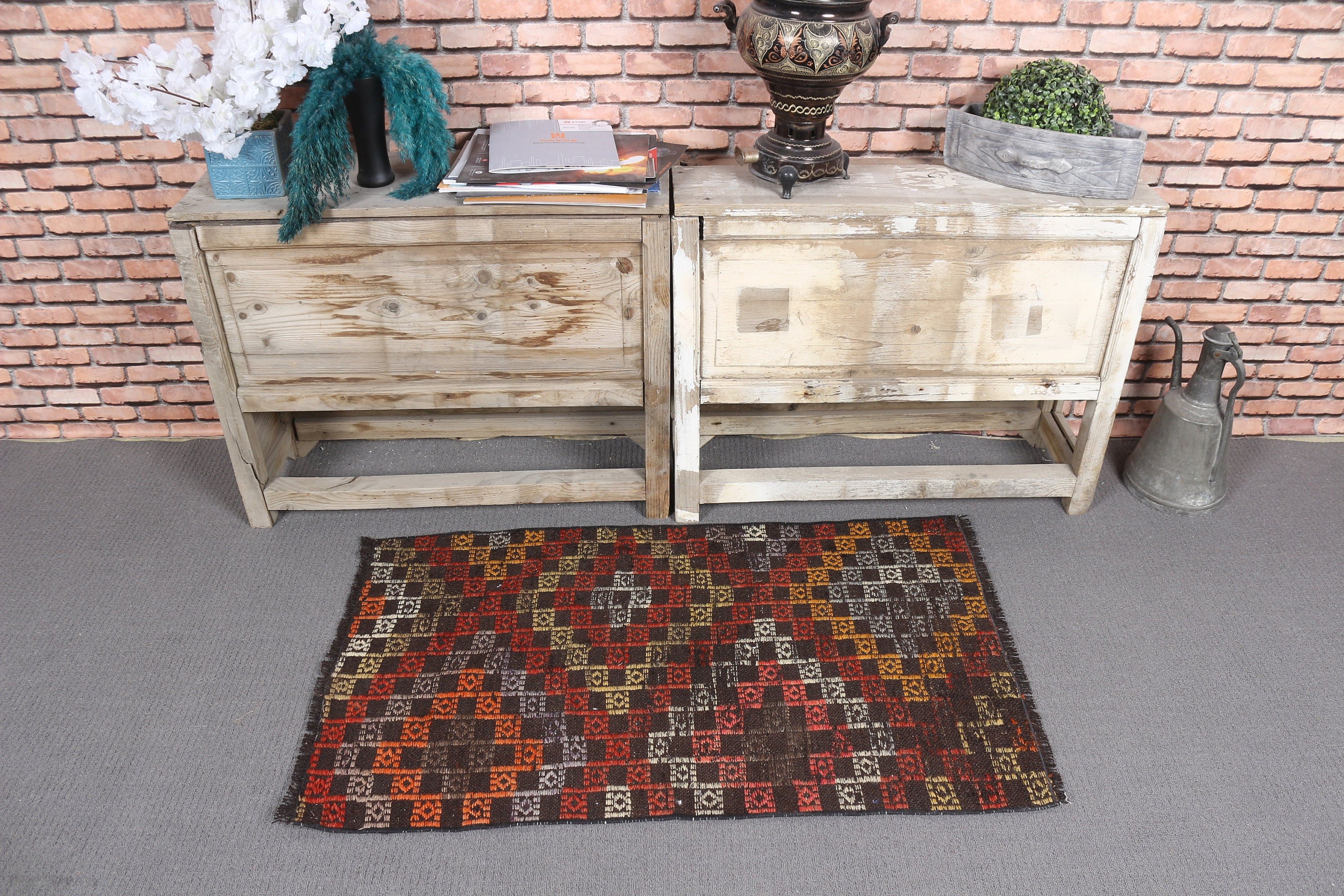 Kahverengi 2.1x3.5 ft Küçük Halı, Araba Paspas Halıları, Türk Halısı, Kilim, Anadolu Halısı, Kapı Paspas Halısı, Vintage Halı