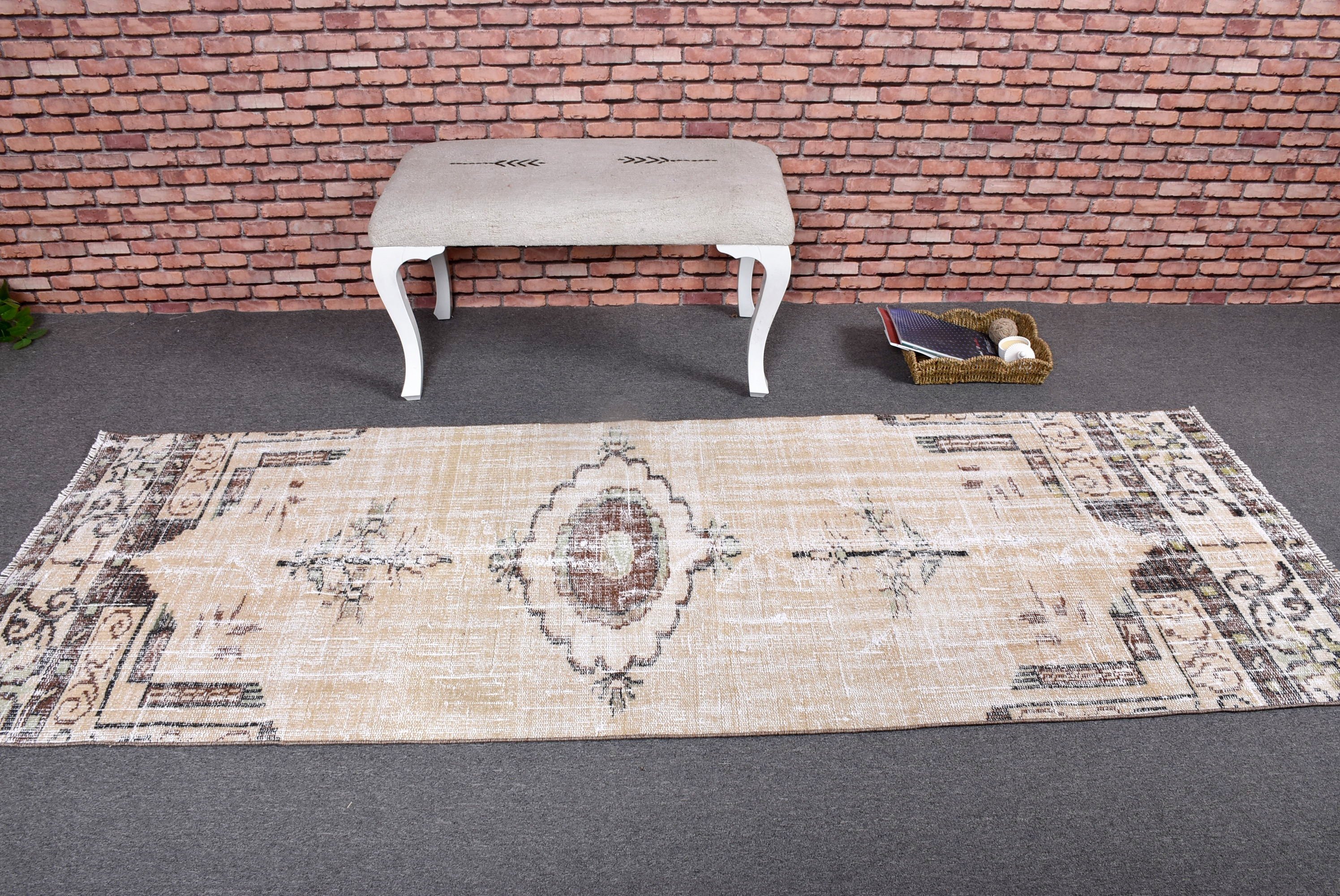 Vintage Rugs, Beige Floor Rug, Moroccan Rugs, Turkish Rug, Wool Rug, 3x8.4 ft Runner Rug, Long Runner Rugs, Artistic Rug, Corridor Rugs