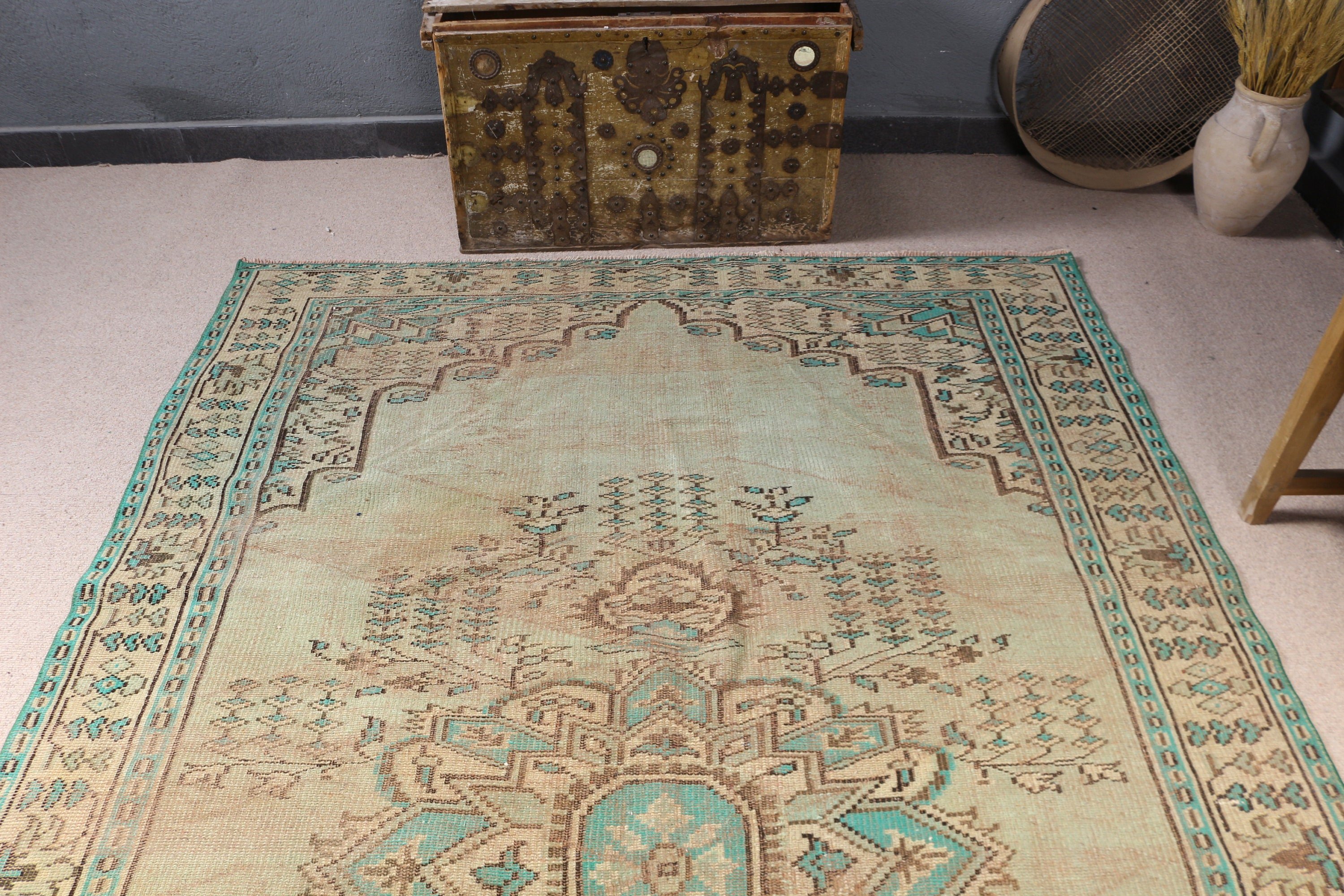 5.9x8.9 ft Büyük Halı, Türk Halısı, Vintage Halı, Yatak Odası Halıları, El Dokuma Halı, Boho Halı, Büyük Oushak Halı, Düz Dokuma Halı, Yeşil Geometrik Halı