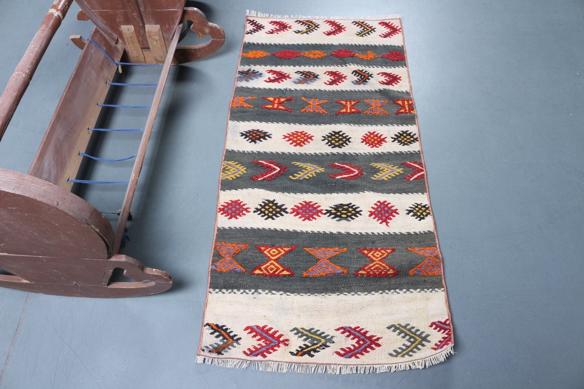 Kilim, Türk Halıları, Yer Halıları, 2.1x4.4 ft Küçük Halı, Vintage Halı, Giriş Halısı, Yatak Odası Halısı, Bej Yer Halısı, Kapı Paspası Halıları, Etnik Halı