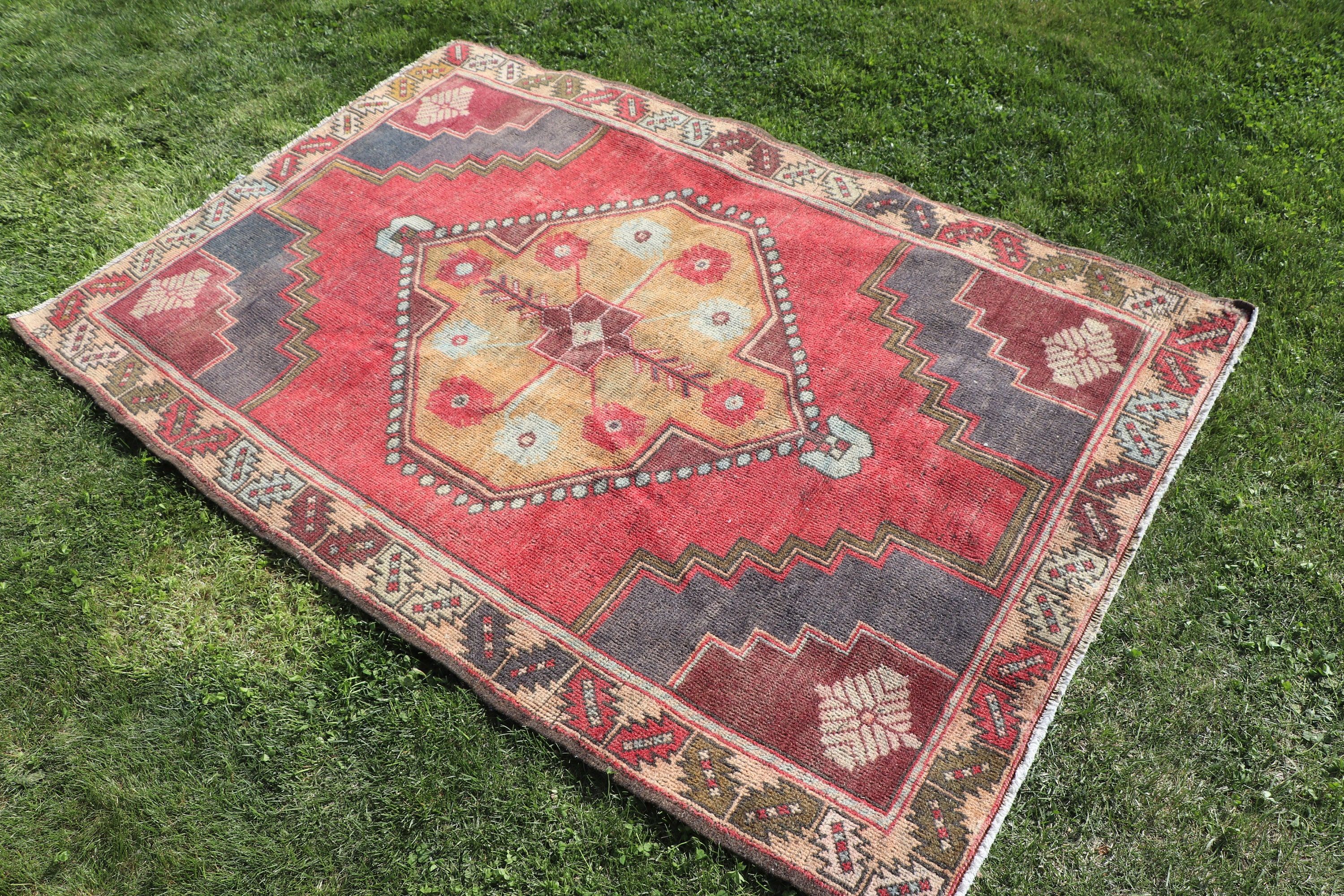 El Dokuma Halılar, 3.8x5.6 ft Accent Halı, Turuncu Yer Halıları, Yatak Odası Halıları, Vintage Halılar, Türk Halısı, Boho Accent Halıları, Yatak Odası Halıları