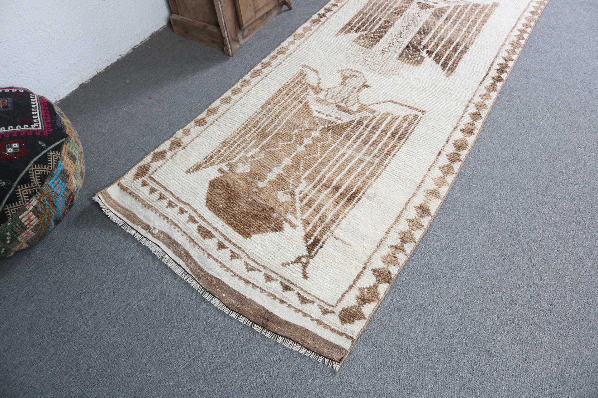 Koridor Halıları, Vintage Halılar, Ev Dekorasyonu Halıları, Vintage Yolluk Halısı, Oushak Halısı, 3.2x9.3 ft Yolluk Halısı, Bej Oryantal Halı, Türk Halısı