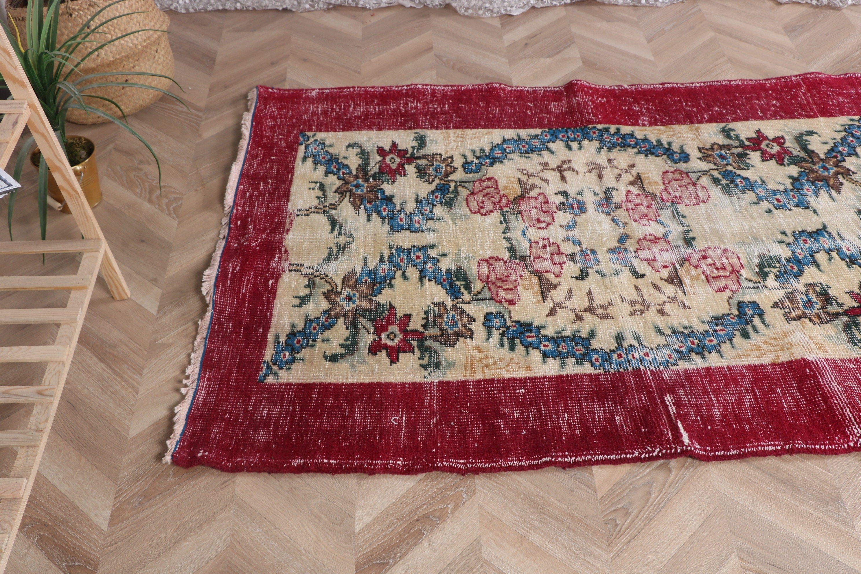 Boho Halı, Türk Halıları, Vintage Vurgulu Halılar, Estetik Halı, 3,8x5,2 ft Vurgulu Halı, Havalı Halı, Vintage Halı, Düz Dokuma Halı, Kırmızı Düz ​​Dokuma Halılar