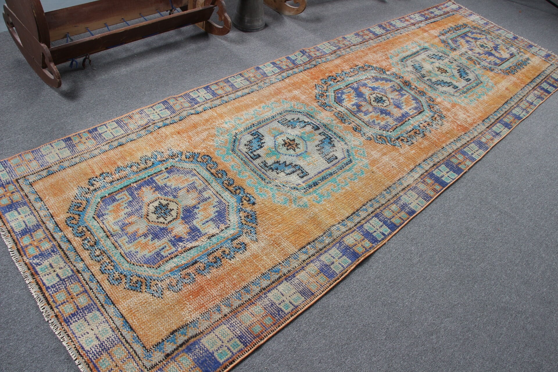 Merdiven Halıları, Koridor Halıları, Turuncu Oushak Halı, Türk Halısı, Vintage Halı, Anadolu Halısı, Sessiz Halı, 3,9x11,4 ft Runner Halısı