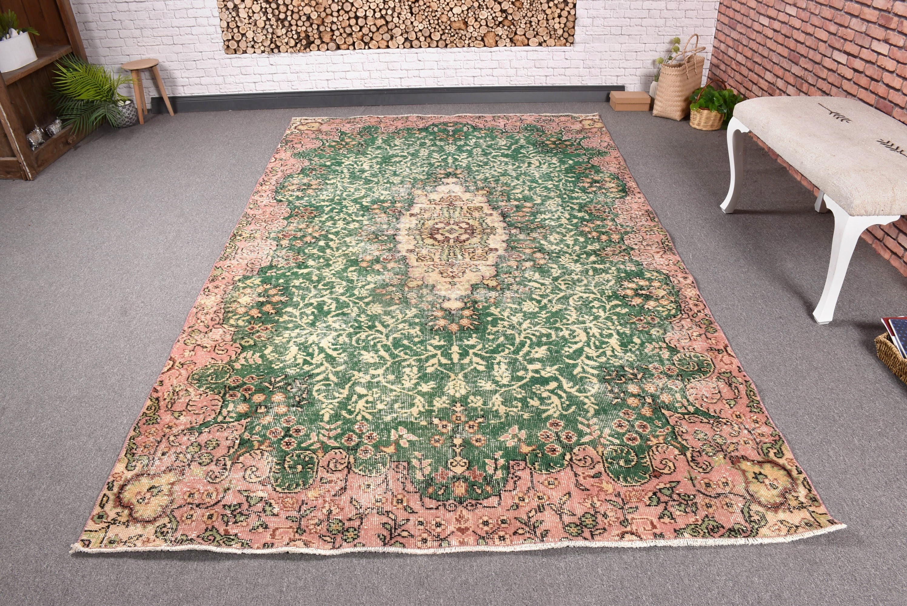 Yatak Odası Halıları, Oushak Halısı, Büyük Boho Halıları, Vintage Halı, Aztek Halıları, Yeşil Geometrik Halılar, Oryantal Halılar, 5,5x9,4 ft Büyük Halı, Türk Halıları