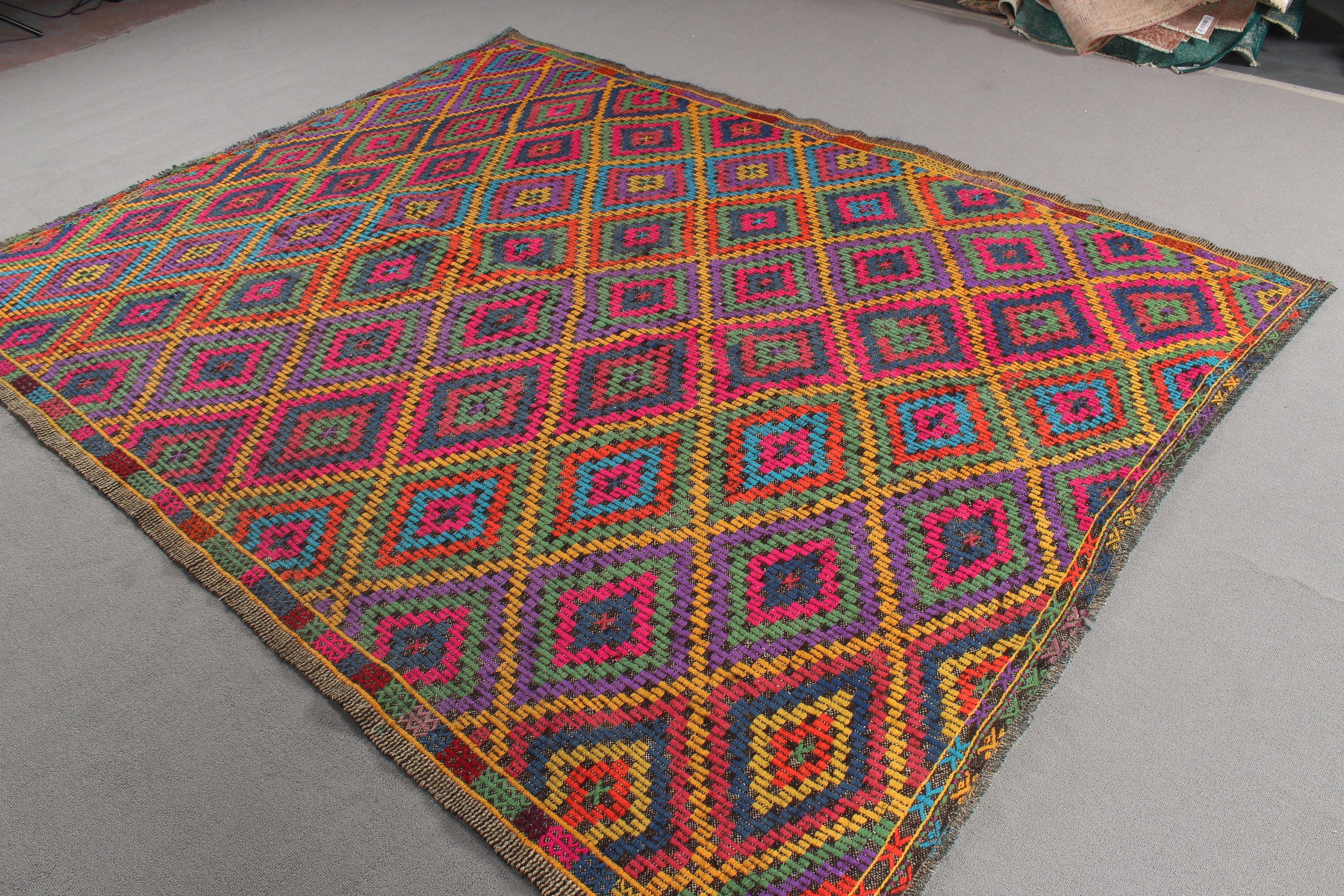 Düz Dokuma Halılar, Türk Halısı, Vintage Halılar, Oryantal Halı, 6,6x8,5 ft Büyük Halı, Gökkuşağı Ev Dekor Halısı, Kilim, Egzotik Halı, Büyük Oushak Halısı